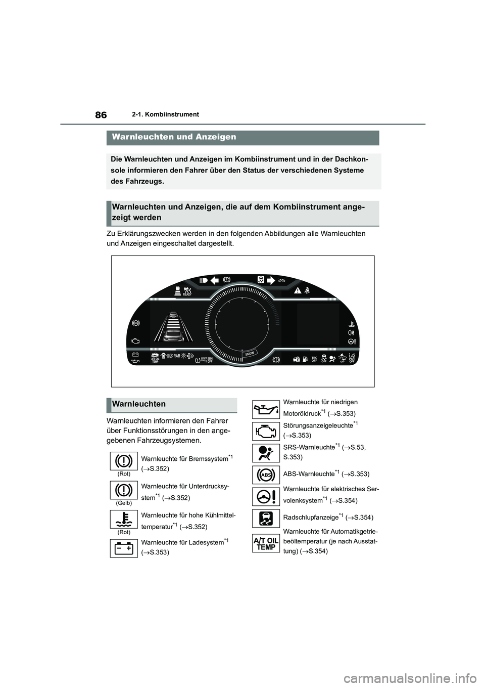 TOYOTA 86 2022  Betriebsanleitungen (in German) 862-1. Kombiinstrument
2-1.Kombiinstrument
Zu Erklärungszwecken werden in den folgenden Abbildungen alle Warnleuchten  
und Anzeigen eingeschaltet dargestellt. 
Warnleuchten informieren den Fahrer  
