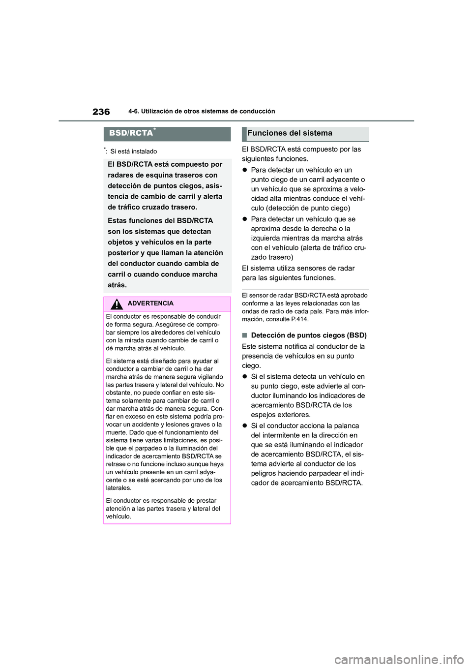 TOYOTA 86 2022 Manual del propietario (in Spanish) 2364-6. Utilización de otros sistemas de conducción
4-6.Utilización de otros sistemas de conducción
*: Si está instaladoEl BSD/RCTA está compuesto por las
siguientes funciones.
Para detec TOYOTA 86 2022 Manual del propietario (in Spanish) 2364-6. Utilización de otros sistemas de conducción
4-6.Utilización de otros sistemas de conducción
*: Si está instaladoEl BSD/RCTA está compuesto por las
siguientes funciones.
Para detec