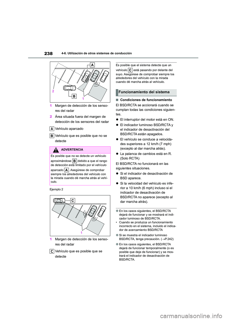 TOYOTA 86 2022 Manual del propietario (in Spanish) 2384-6. Utilización de otros sistemas de conducción
1Margen de detección de los senso-
res del radar
2 Área situada fuera del margen de
detección de los sensores del radar
Vehículo aparcado TOYOTA 86 2022 Manual del propietario (in Spanish) 2384-6. Utilización de otros sistemas de conducción
1Margen de detección de los senso-
res del radar
2 Área situada fuera del margen de
detección de los sensores del radar
Vehículo aparcado