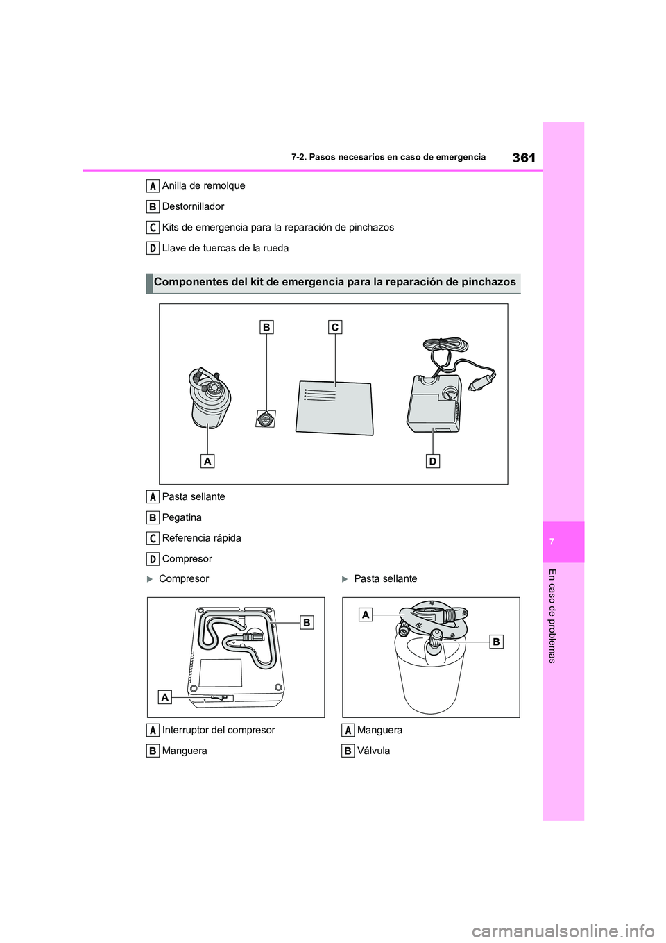 TOYOTA 86 2022 Manual del propietario (in Spanish) 361
7
7-2. Pasos necesarios en caso de emergencia
En caso de problemas
Anilla de remolque
Destornillador
Kits de emergencia para la reparación de pinchazos
Llave de tuercas de la rueda
Pasta sel TOYOTA 86 2022 Manual del propietario (in Spanish) 361
7
7-2. Pasos necesarios en caso de emergencia
En caso de problemas
Anilla de remolque
Destornillador
Kits de emergencia para la reparación de pinchazos
Llave de tuercas de la rueda
Pasta sel