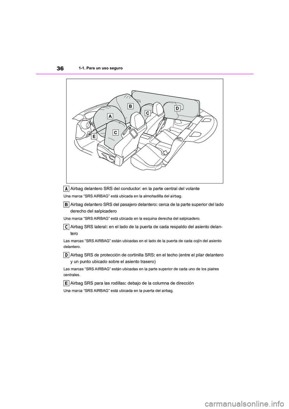 TOYOTA 86 2022  Manual del propietario (in Spanish) 361-1. Para un uso seguro
Airbag delantero SRS del conductor: en la parte central del volante
Una marca “SRS AIRBAG” está ubicada en la almohadilla del airbag.
Airbag delantero SRS del pasajero d