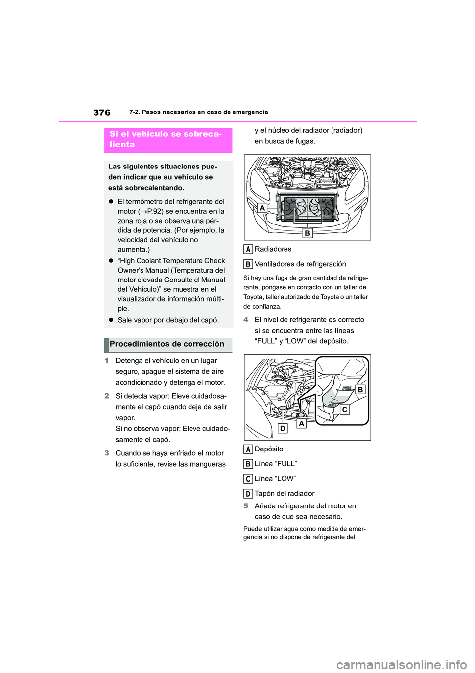 TOYOTA 86 2022 Manual del propietario (in Spanish) 3767-2. Pasos necesarios en caso de emergencia
1Detenga el vehículo en un lugar
seguro, apague el sistema de aire
acondicionado y detenga el motor.
2 Si detecta vapor: Eleve cuidadosa-
mente el TOYOTA 86 2022 Manual del propietario (in Spanish) 3767-2. Pasos necesarios en caso de emergencia
1Detenga el vehículo en un lugar
seguro, apague el sistema de aire
acondicionado y detenga el motor.
2 Si detecta vapor: Eleve cuidadosa-
mente el