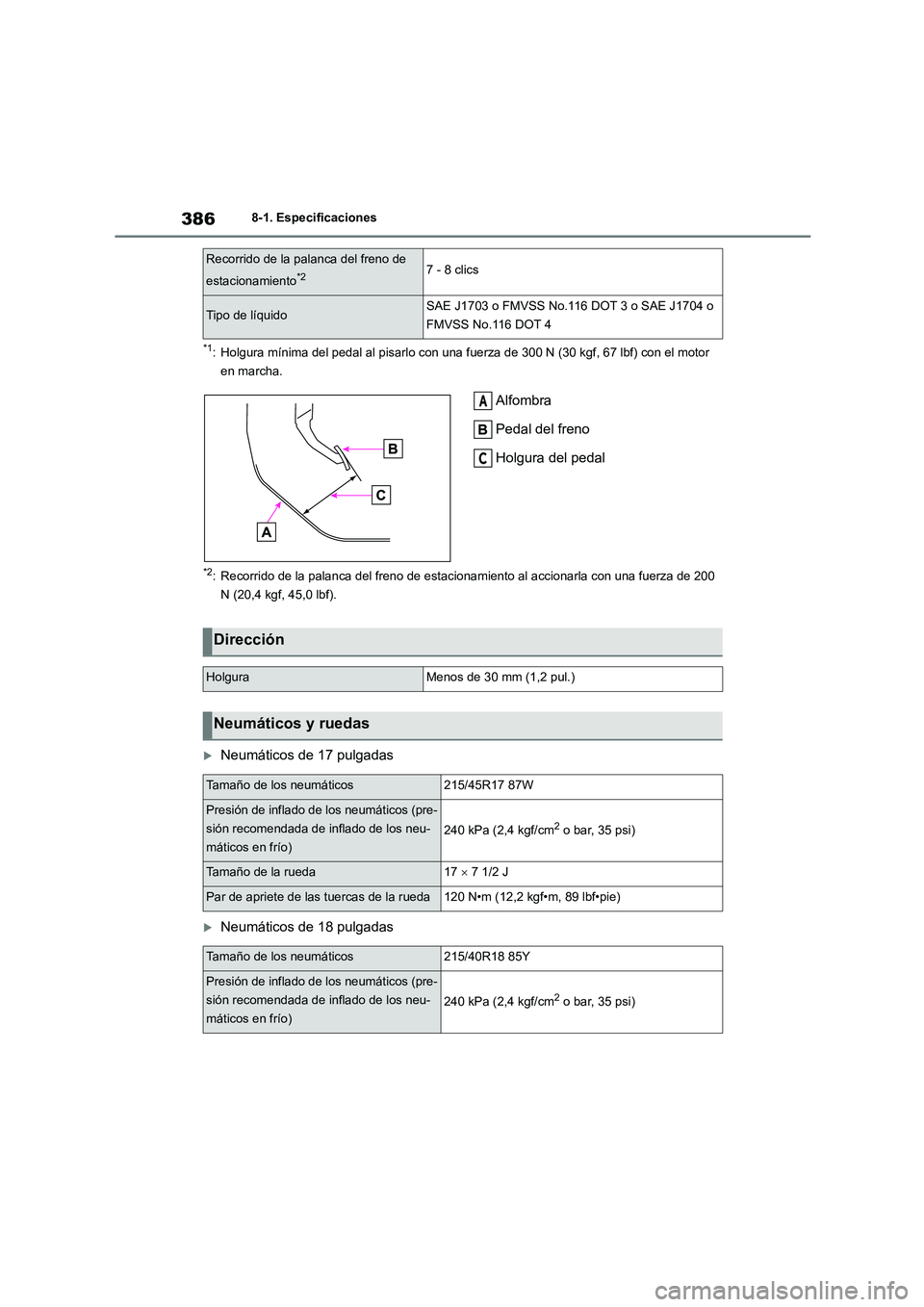 TOYOTA 86 2022 Manual del propietario (in Spanish) 3868-1. Especificaciones
*1: Holgura mínima del pedal al pisarlo con una fuerza de 300 N (30 kgf, 67 lbf) con el motor
en marcha.
Alfombra
Pedal del freno
Holgura del pedal
*2: Recorrido de la pa TOYOTA 86 2022 Manual del propietario (in Spanish) 3868-1. Especificaciones
*1: Holgura mínima del pedal al pisarlo con una fuerza de 300 N (30 kgf, 67 lbf) con el motor
en marcha.
Alfombra
Pedal del freno
Holgura del pedal
*2: Recorrido de la pa
