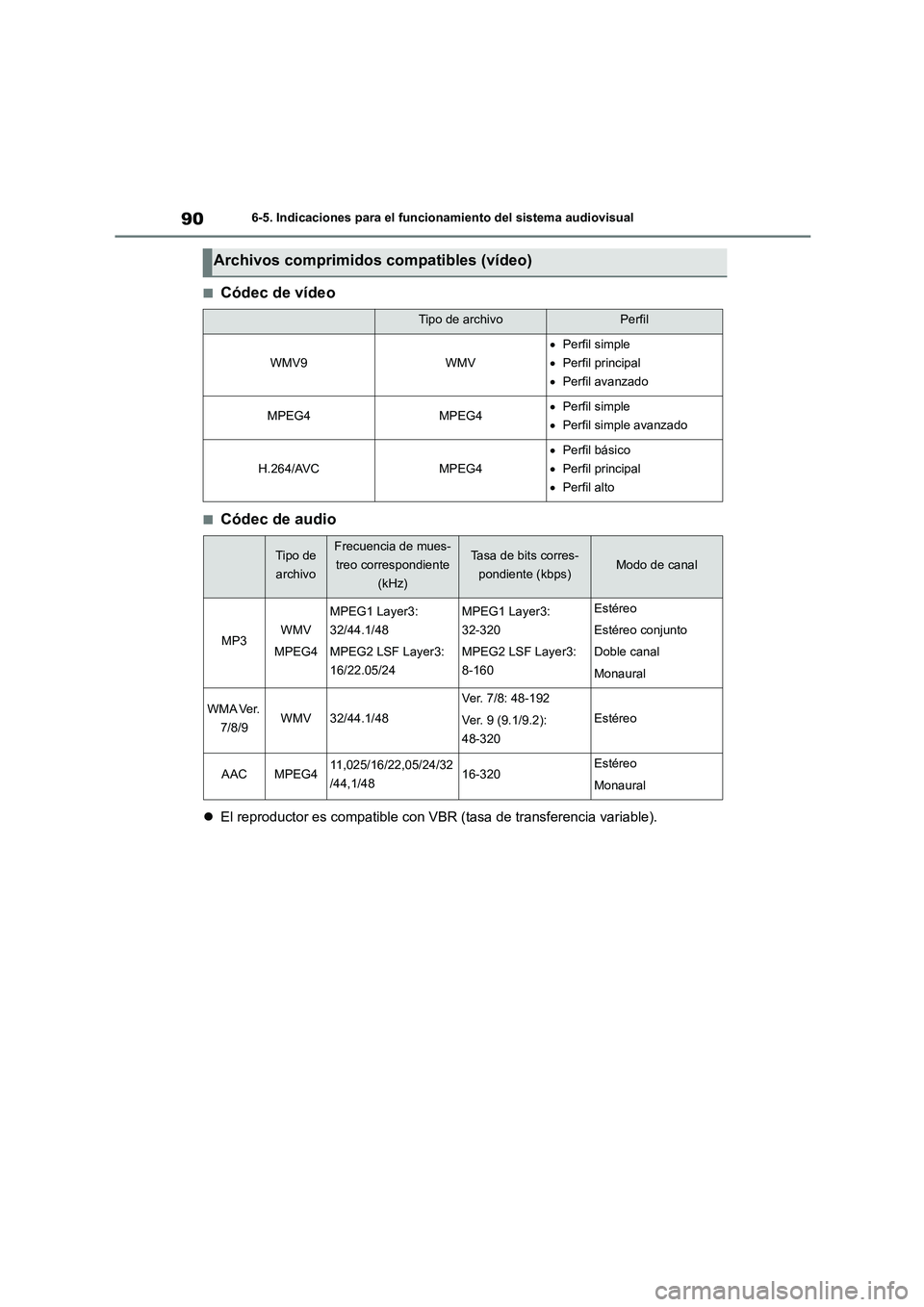 TOYOTA 86 2022  Manual del propietario (in Spanish) 906-5. Indicaciones para el funcionamiento del sistema audiovisual
■Códec de vídeo
■Códec de audio
El reproductor es compatible con VBR (tasa de transferencia variable).
Archivos comprimidos
