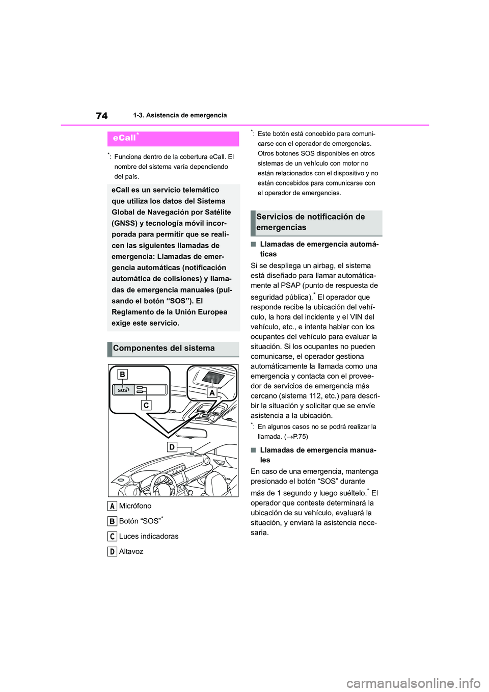 TOYOTA 86 2022  Manual del propietario (in Spanish) 741-3. Asistencia de emergencia
1-3.Asistencia de emergencia
*: Funciona dentro de la cobertura eCall. El  
nombre del sistema varía dependiendo 
del país.
Micrófono 
Botón “SOS”*
Luces indica