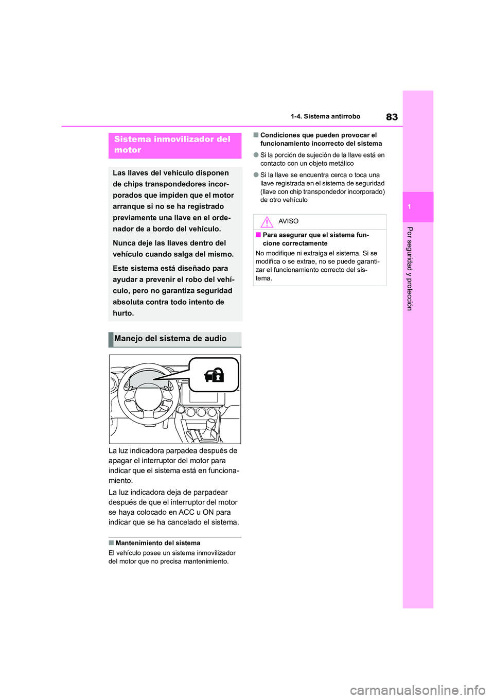 TOYOTA 86 2022  Manual del propietario (in Spanish) 83
1 
1-4. Sistema antirrobo
Por seguridad y protección
1-4.Sistema antirrobo
La luz indicadora parpadea después de  
apagar el interruptor del motor para 
indicar que el sistema está en funciona-
