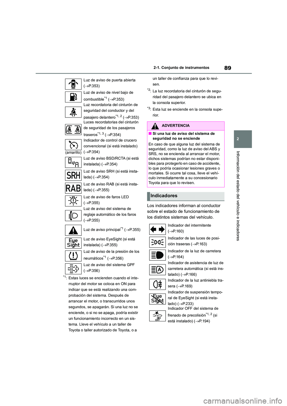TOYOTA 86 2022  Manual del propietario (in Spanish) 89
2 
2-1. Conjunto de instrumentos
Información del estado del vehículo e indicadores
*1: Estas luces se encienden cuando el inte- 
rruptor del motor se coloca en ON para 
indicar que se está reali