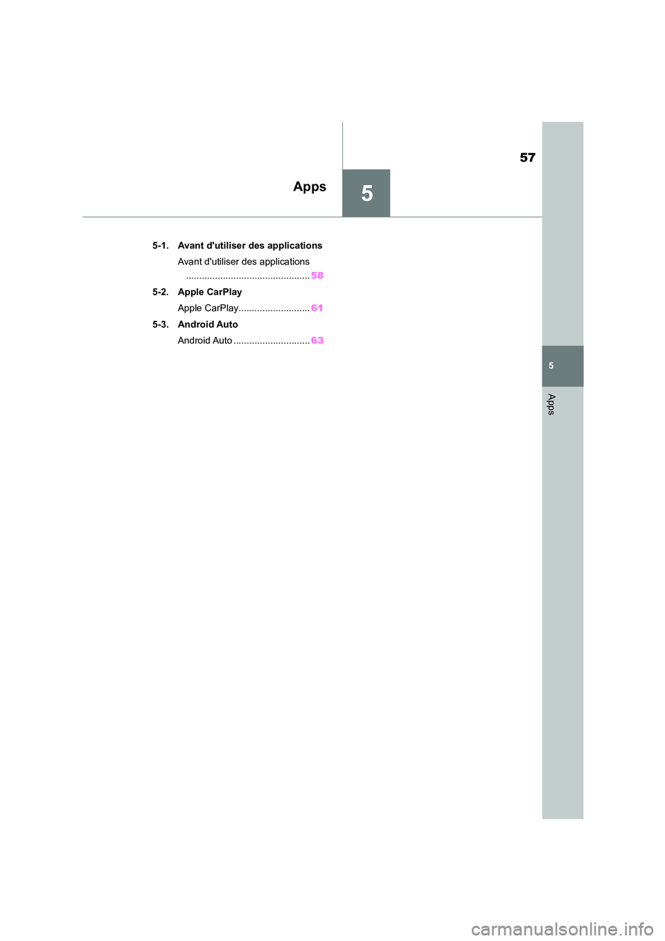TOYOTA 86 2022  Manuel du propriétaire (in French) 5
57
5
Apps
Apps
.5-1. Avant dutiliser des applications 
Avant dutiliser des applications 
............................................... 58 
5-2. Apple CarPlay
Apple CarPlay.......................