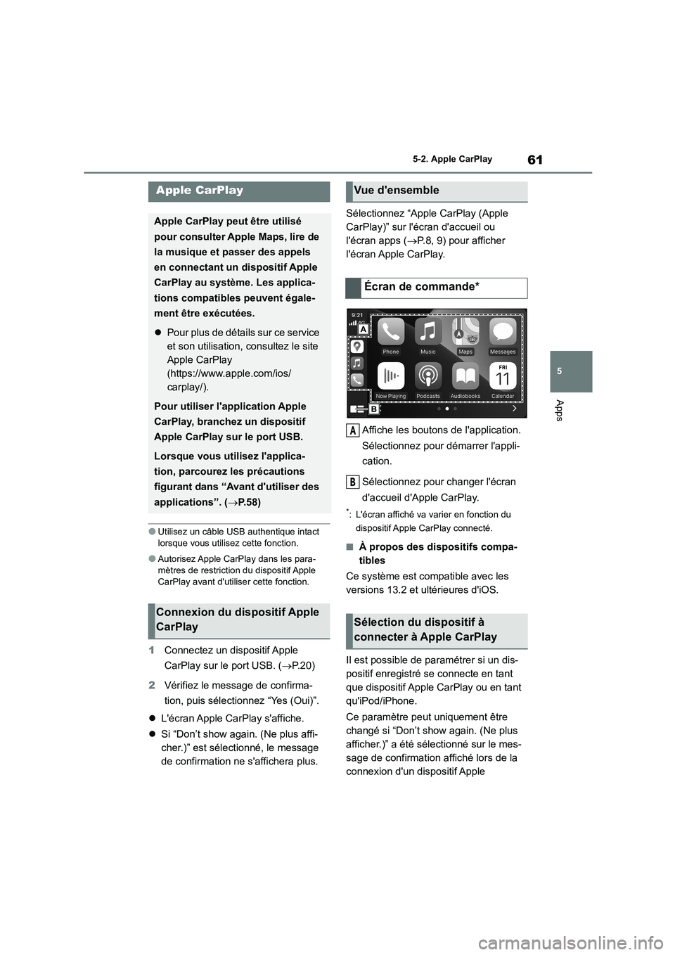 TOYOTA 86 2022  Manuel du propriétaire (in French) 61
5 
5-2. Apple CarPlay
Apps
5-2.Apple CarPlay
●Utilisez un câble USB authentique intact  
lorsque vous utilisez cette fonction.
●Autorisez Apple CarPlay dans les para-
mètres de restriction du