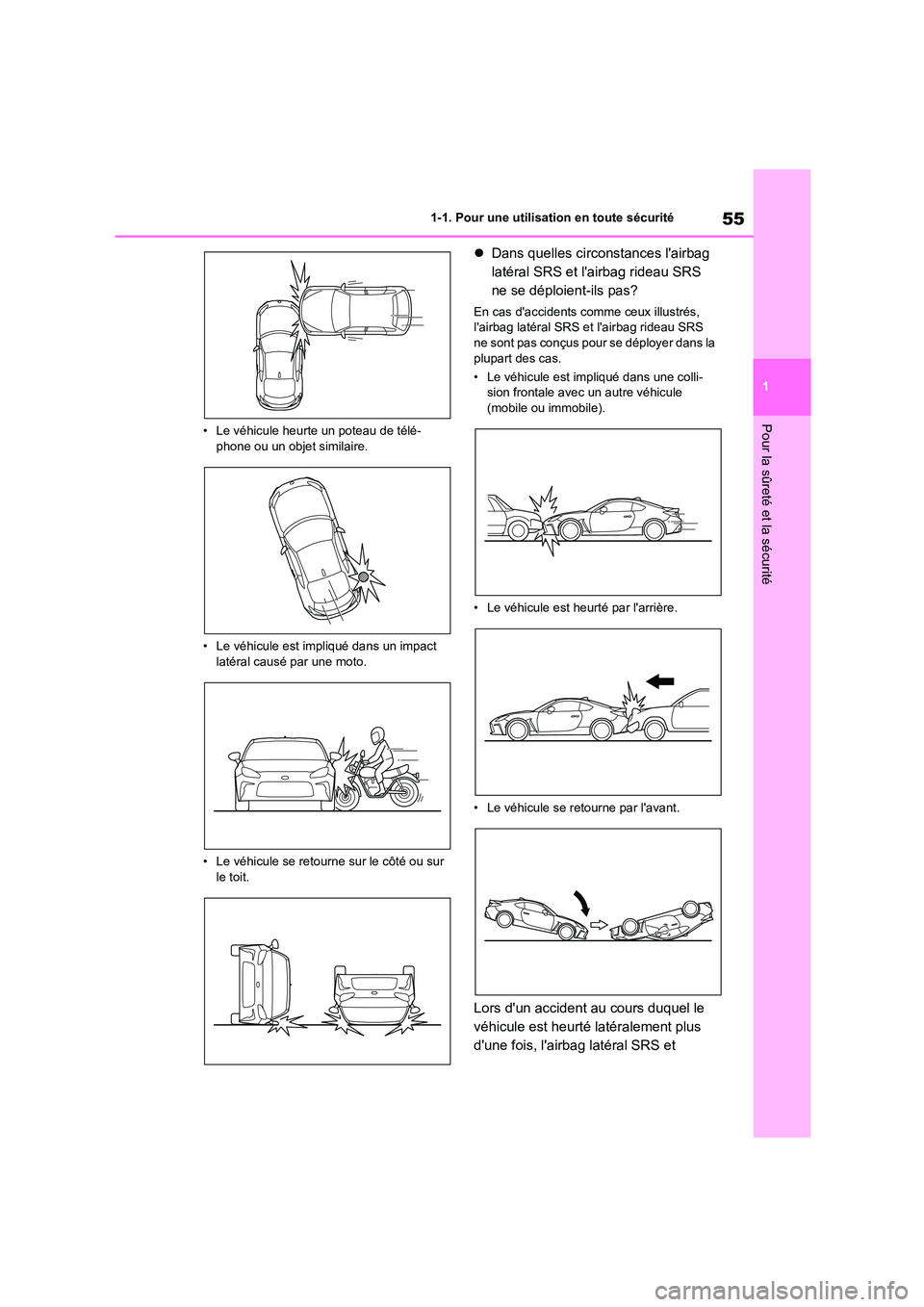 TOYOTA 86 2022  Manuel du propriétaire (in French) 55
1 
1-1. Pour une utilisation en toute sécurité
Pour la sûreté et la sécurité• Le véhicule heurte un poteau de télé- phone ou un objet similaire. 
• Le véhicule est im pliqué dans un 