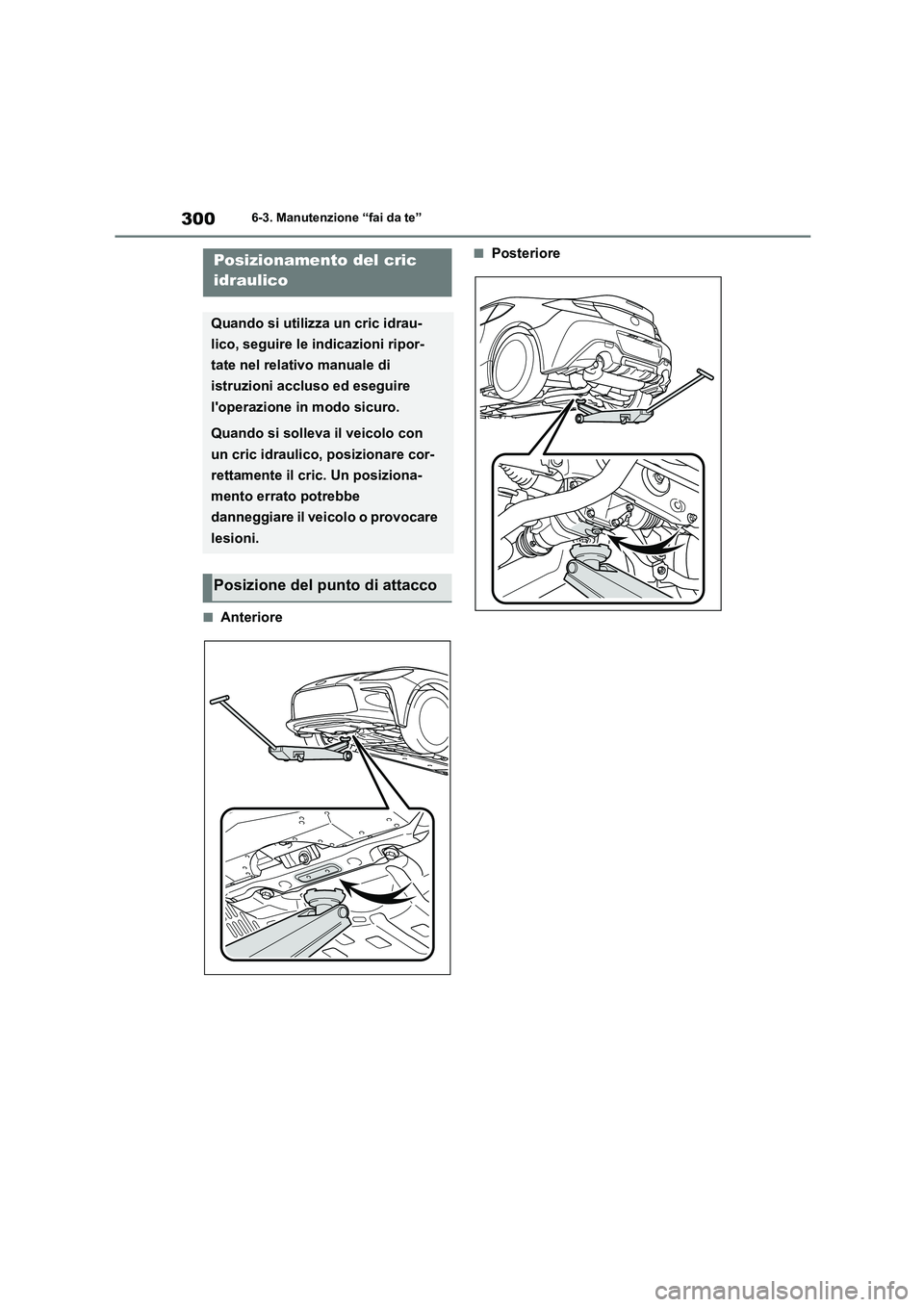 TOYOTA 86 2022  Manuale duso (in Italian) 3006-3. Manutenzione “fai da te”
■Anteriore
■PosteriorePosizionamento del cric  
idraulico
Quando si utilizza un cric idrau- 
lico, seguire le indicazioni ripor-
tate nel relativo manuale di 
