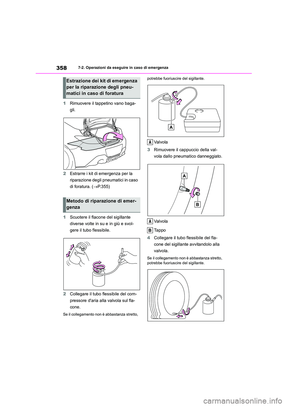 TOYOTA 86 2022  Manuale duso (in Italian) 3587-2. Operazioni da eseguire in caso di emergenza
1Rimuovere il tappetino vano baga- 
gli. 
2 Estrarre i kit di emergenza per la  
riparazione degli pneumatici in caso 
di foratura. ( P.355) 
1 S