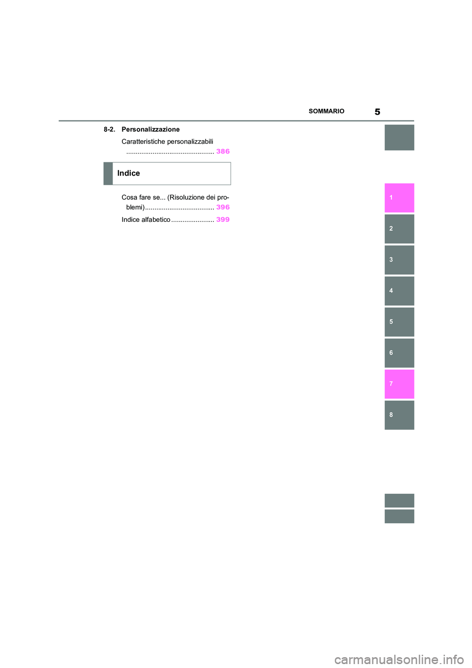 TOYOTA 86 2022  Manuale duso (in Italian) 5SOMMARIO
1 
6 
5
4
3
2
8
7
8-2. Personalizzazione 
Caratteristiche personalizzabili 
............................................... 386 
Cosa fare se... (Risoluzione dei pro- 
blemi) ...............