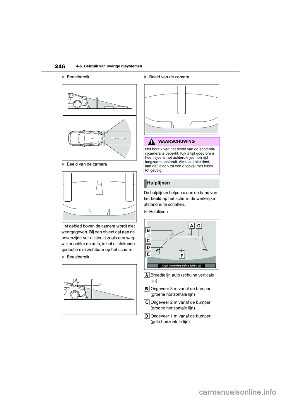 TOYOTA 86 2022 Instructieboekje (in Dutch) 2464-6. Gebruik van overige rijsystemen
Beeldbereik
Beeld van de camera
Het gebied boven de camera wordt niet
weergegeven. Bij een object dat aan de
bovenzijde ver uitsteekt zoals een weg-
wi TOYOTA 86 2022 Instructieboekje (in Dutch) 2464-6. Gebruik van overige rijsystemen
Beeldbereik
Beeld van de camera
Het gebied boven de camera wordt niet
weergegeven. Bij een object dat aan de
bovenzijde ver uitsteekt zoals een weg-
wi