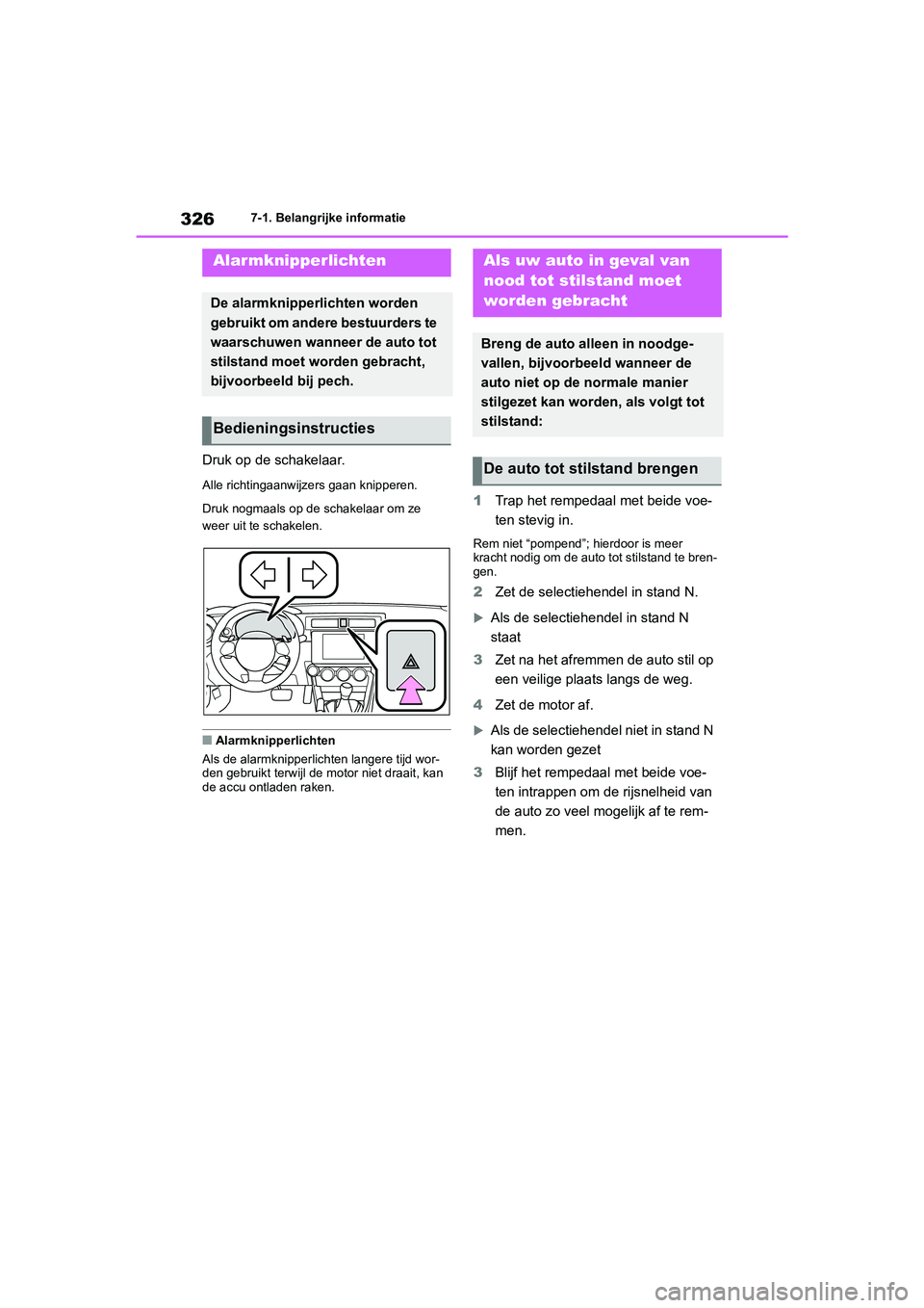 TOYOTA 86 2022 Instructieboekje (in Dutch) 3267-1. Belangrijke informatie
7-1.Belangrijke informatie
Druk op de schakelaar.
Alle richtingaanwijzers gaan knipperen.
Druk nogmaals op de schakelaar om ze
weer uit te schakelen.
■Alarmknipperlic TOYOTA 86 2022 Instructieboekje (in Dutch) 3267-1. Belangrijke informatie
7-1.Belangrijke informatie
Druk op de schakelaar.
Alle richtingaanwijzers gaan knipperen.
Druk nogmaals op de schakelaar om ze
weer uit te schakelen.
■Alarmknipperlic