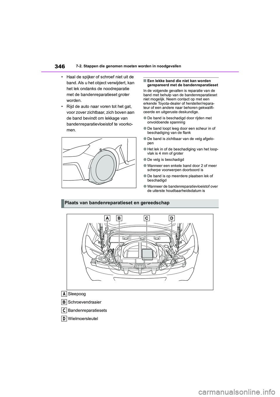 TOYOTA 86 2022  Instructieboekje (in Dutch) 3467-2. Stappen die genomen moeten worden in noodgevallen
• Haal de spijker of schroef niet uit de 
band. Als u het object verwijdert, kan 
het lek ondanks de noodreparatie 
met de bandenreparatiese