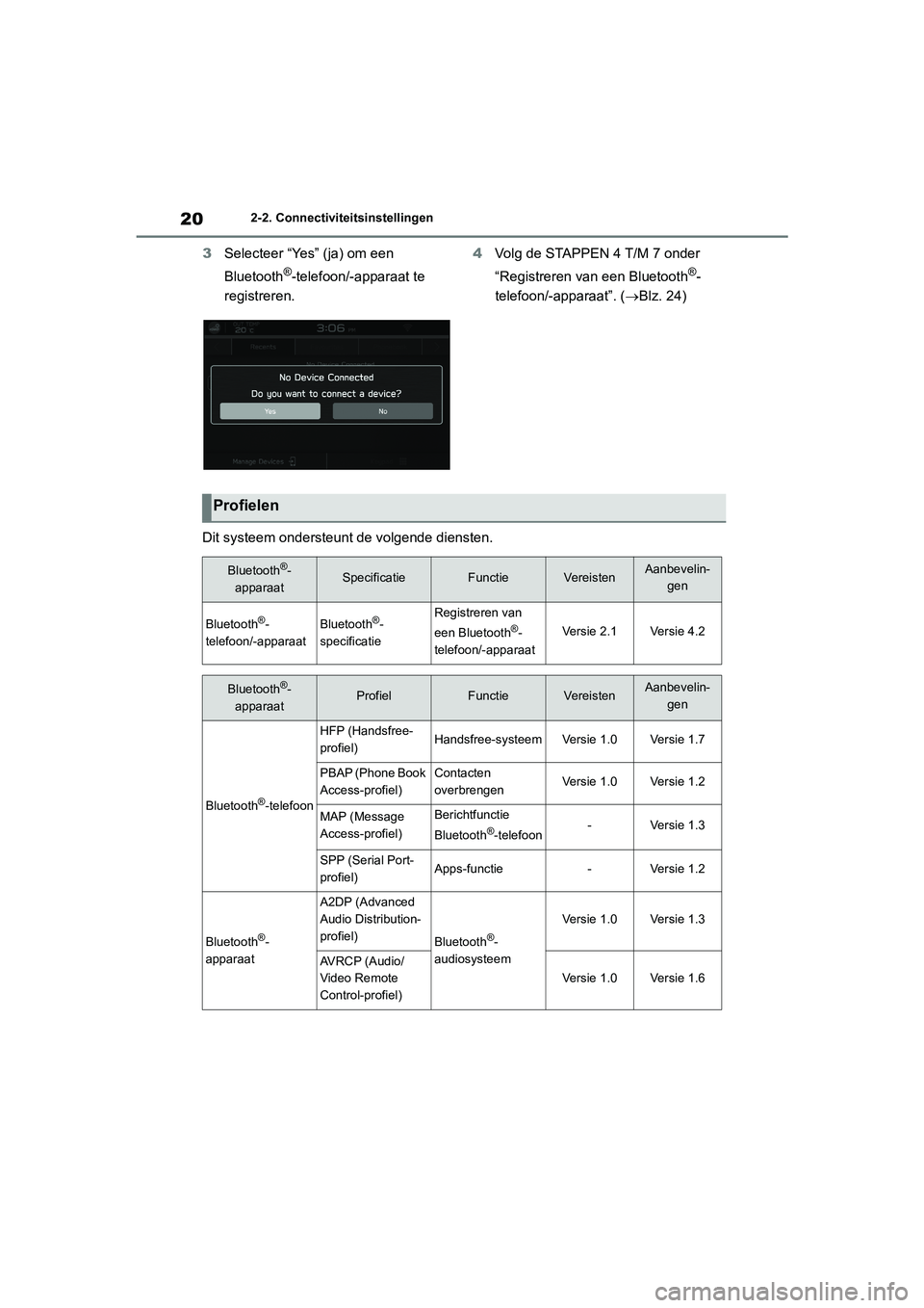 TOYOTA 86 2022 Instructieboekje (in Dutch) 202-2. Connectiviteitsinstellingen
3Selecteer “Yes” (ja) om een
Bluetooth
®-telefoon/-apparaat te
registreren.4Volg de STAPPEN 4 T/M 7 onder
“Registreren van een Bluetooth®-
telefoon/-appar TOYOTA 86 2022 Instructieboekje (in Dutch) 202-2. Connectiviteitsinstellingen
3Selecteer “Yes” (ja) om een
Bluetooth
®-telefoon/-apparaat te
registreren.4Volg de STAPPEN 4 T/M 7 onder
“Registreren van een Bluetooth®-
telefoon/-appar