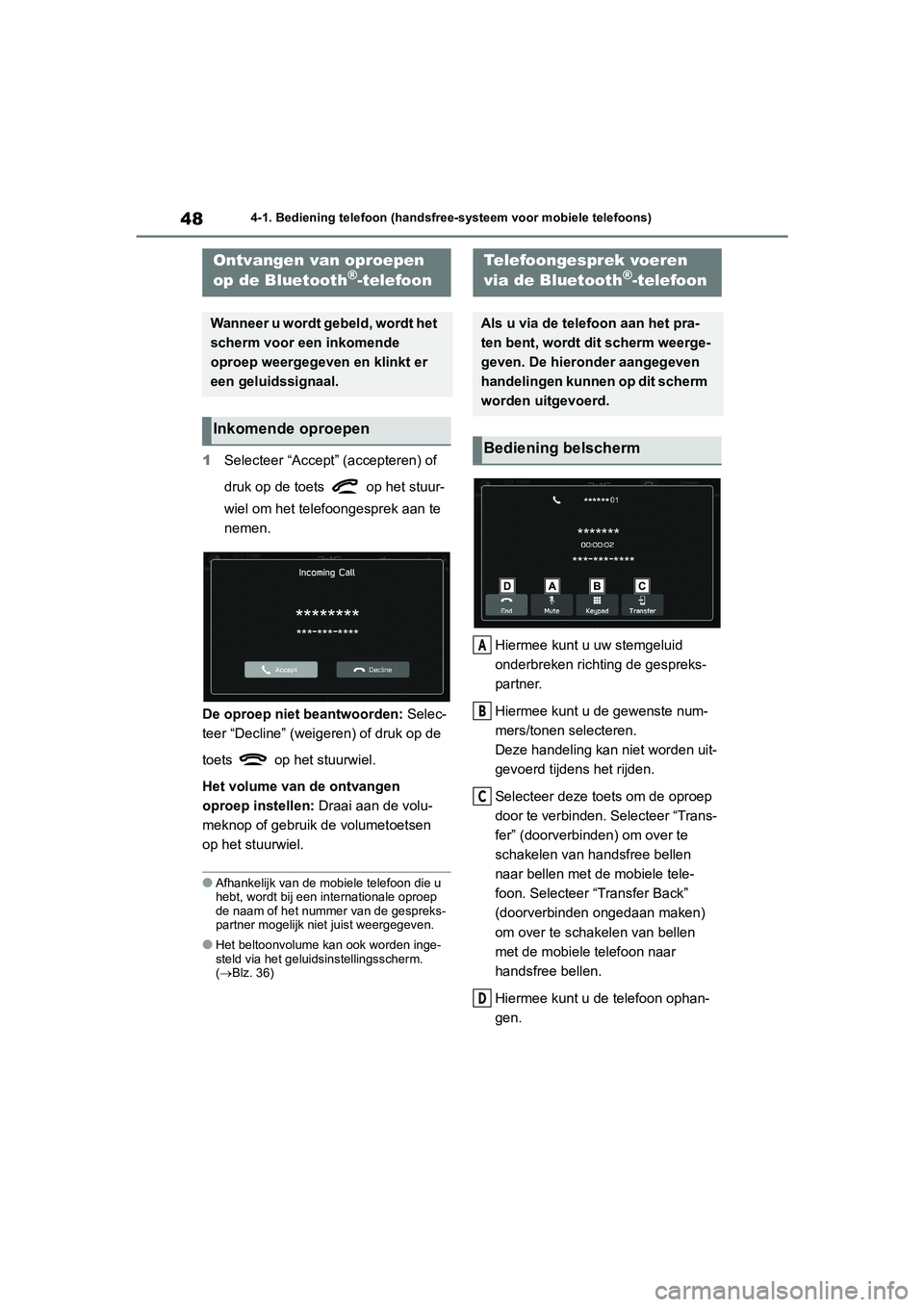 TOYOTA 86 2022 Instructieboekje (in Dutch) 484-1. Bediening telefoon (handsfree-systeem voor mobiele telefoons)
1Selecteer “Accept” (accepteren) of
druk op de toets op het stuur-
wiel om het telefoongesprek aan te
nemen.
De oproep niet TOYOTA 86 2022 Instructieboekje (in Dutch) 484-1. Bediening telefoon (handsfree-systeem voor mobiele telefoons)
1Selecteer “Accept” (accepteren) of
druk op de toets op het stuur-
wiel om het telefoongesprek aan te
nemen.
De oproep niet
