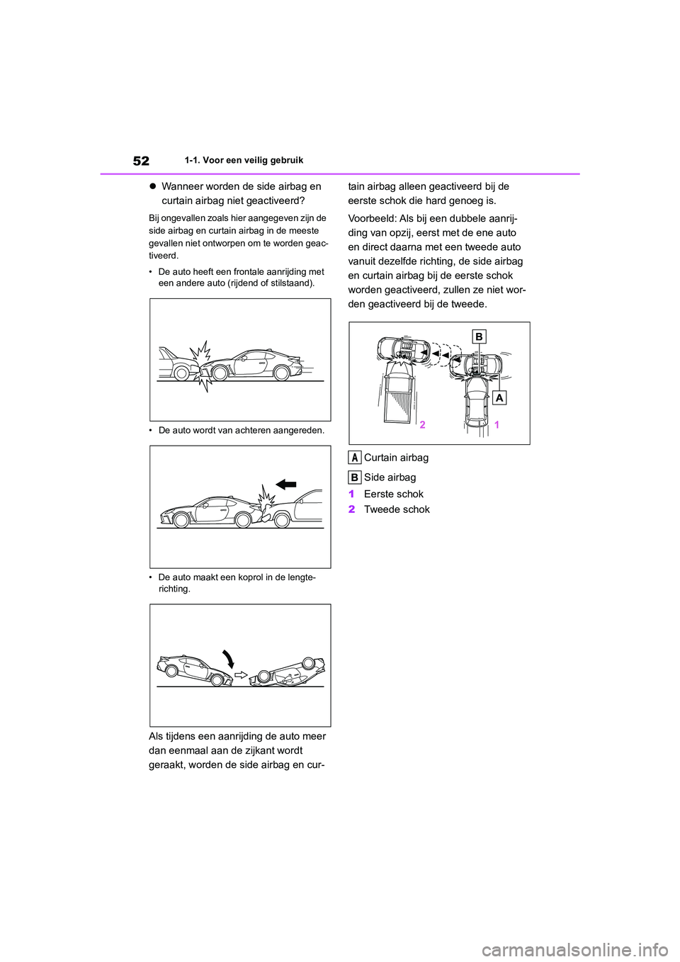 TOYOTA 86 2022  Instructieboekje (in Dutch) 521-1. Voor een veilig gebruik
Wanneer worden de side airbag en 
curtain airbag niet geactiveerd?
Bij ongevallen zoals hier aangegeven zijn de 
side airbag en curtain airbag in de meeste 
gevallen 