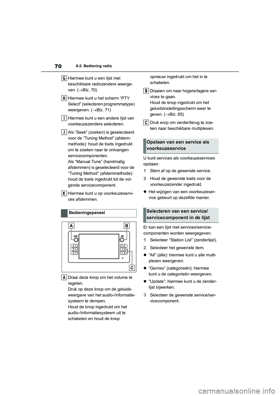 TOYOTA 86 2022 Instructieboekje (in Dutch) 706-2. Bediening radio
Hiermee kunt u een lijst met
beschikbare radiozenders weerge-
ven. (Blz. 70)
Hiermee kunt u het scherm “PTY
Select” (selecteren programmatype)
weergeven. (Blz. 71)
TOYOTA 86 2022 Instructieboekje (in Dutch) 706-2. Bediening radio
Hiermee kunt u een lijst met
beschikbare radiozenders weerge-
ven. (Blz. 70)
Hiermee kunt u het scherm “PTY
Select” (selecteren programmatype)
weergeven. (Blz. 71)