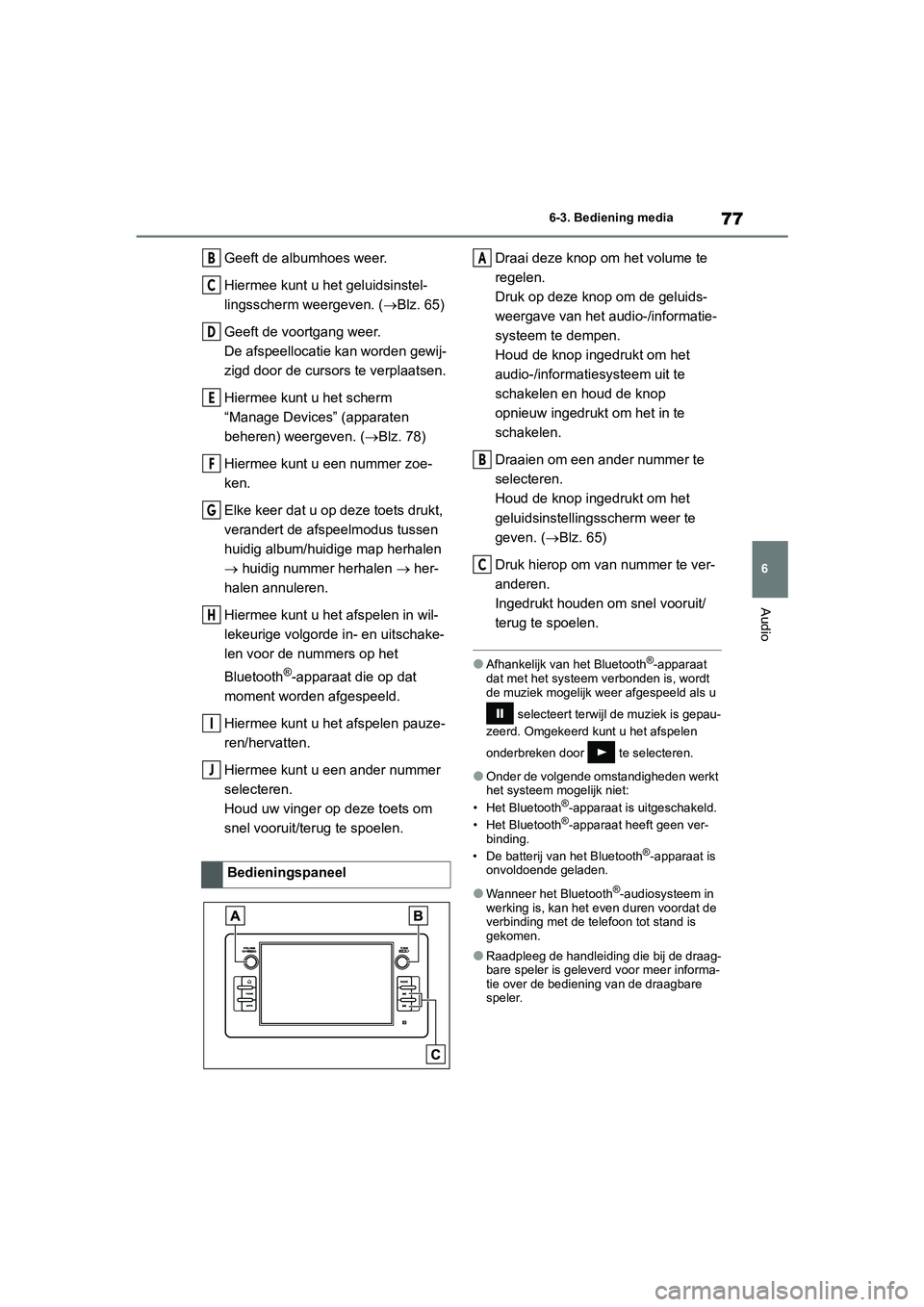 TOYOTA 86 2022 Instructieboekje (in Dutch) 77
6 6-3. Bediening media
Audio
Geeft de albumhoes weer.
Hiermee kunt u het geluidsinstel-
lingsscherm weergeven. (Blz. 65)
Geeft de voortgang weer.
De afspeellocatie kan worden gewij-
zigd door de TOYOTA 86 2022 Instructieboekje (in Dutch) 77
6 6-3. Bediening media
Audio
Geeft de albumhoes weer.
Hiermee kunt u het geluidsinstel-
lingsscherm weergeven. (Blz. 65)
Geeft de voortgang weer.
De afspeellocatie kan worden gewij-
zigd door de