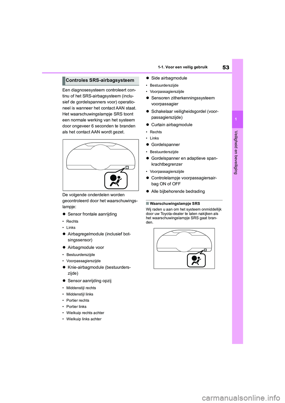 TOYOTA 86 2022  Instructieboekje (in Dutch) 53
1 1-1. Voor een veilig gebruik
Veiligheid en beveiliging
Een diagnosesysteem controleert con-
tinu of het SRS-airbagsysteem (inclu-
sief de gordelspanners voor) operatio-
neel is wanneer het contac
