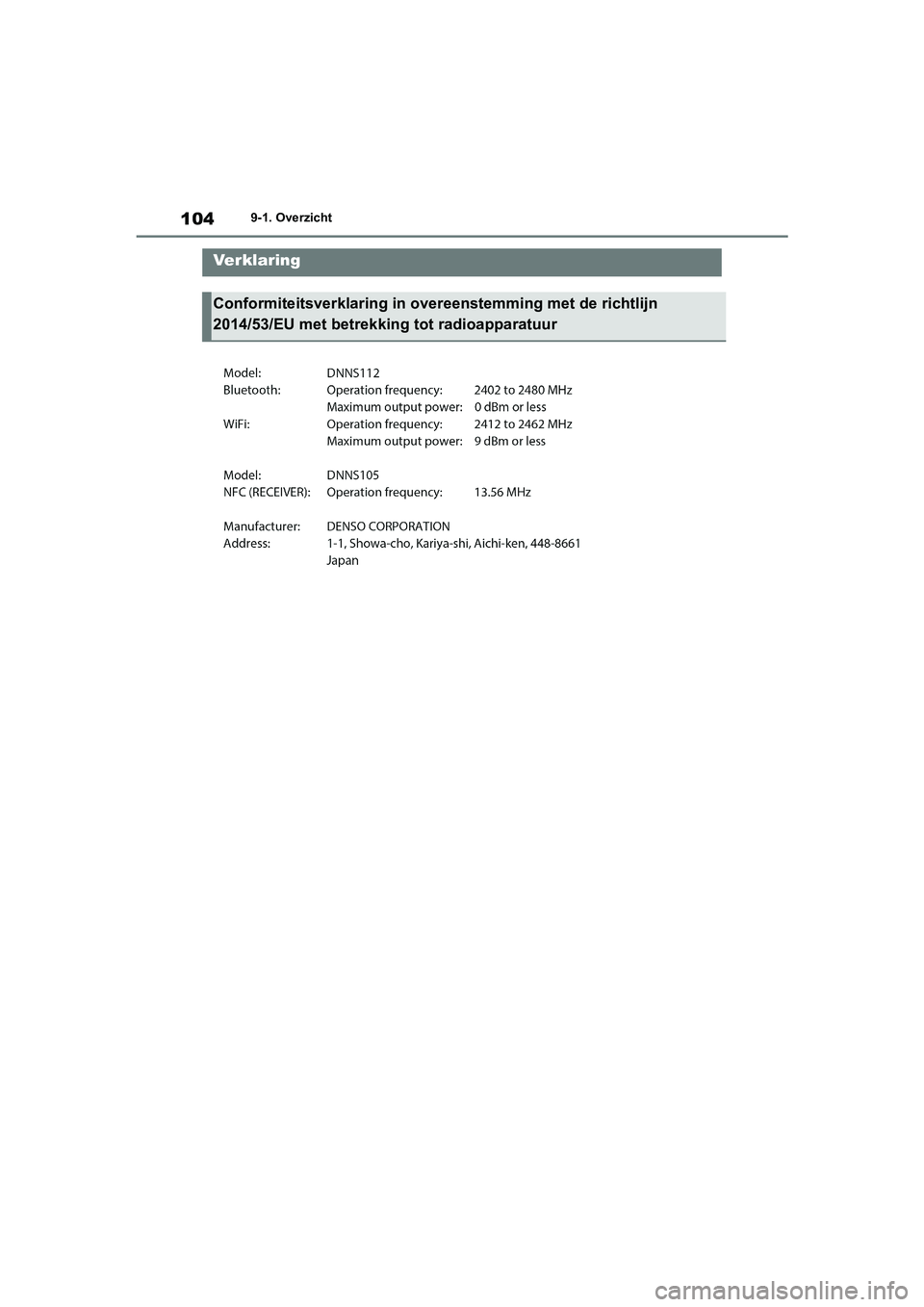 TOYOTA 86 2022  Instructieboekje (in Dutch) 1049-1. Overzicht
9-1.OverzichtVe r k l a r in g
Conformiteitsverklaring in overeenstemming met de richtlijn 
2014/53/EU met betrekking tot radioapparatuur
GR 86_OM_Europe_OM18131E_1_2203.book  Page 1