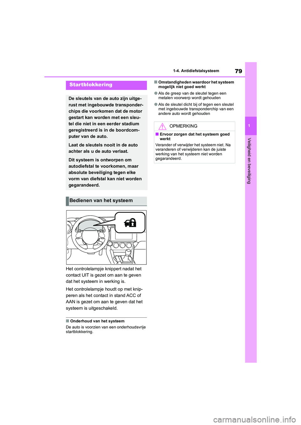 TOYOTA 86 2022 Instructieboekje (in Dutch) 79
1 1-4. Antidiefstalsysteem
Veiligheid en beveiliging
1-4.Antidiefstalsysteem
Het controlelampje knippert nadat het
contact UIT is gezet om aan te geven
dat het systeem in werking is.
Het controle TOYOTA 86 2022 Instructieboekje (in Dutch) 79
1 1-4. Antidiefstalsysteem
Veiligheid en beveiliging
1-4.Antidiefstalsysteem
Het controlelampje knippert nadat het
contact UIT is gezet om aan te geven
dat het systeem in werking is.
Het controle