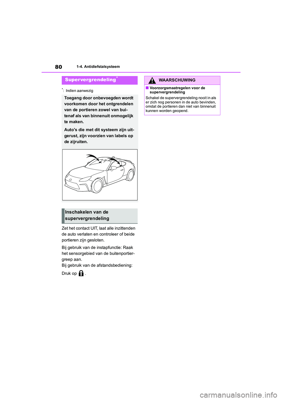 TOYOTA 86 2022 Instructieboekje (in Dutch) 801-4. Antidiefstalsysteem
*: Indien aanwezig
Zet het contact UIT, laat alle inzittenden
de auto verlaten en controleer of beide
portieren zijn gesloten.
Bij gebruik van de instapfunctie: Raak
het TOYOTA 86 2022 Instructieboekje (in Dutch) 801-4. Antidiefstalsysteem
*: Indien aanwezig
Zet het contact UIT, laat alle inzittenden
de auto verlaten en controleer of beide
portieren zijn gesloten.
Bij gebruik van de instapfunctie: Raak
het