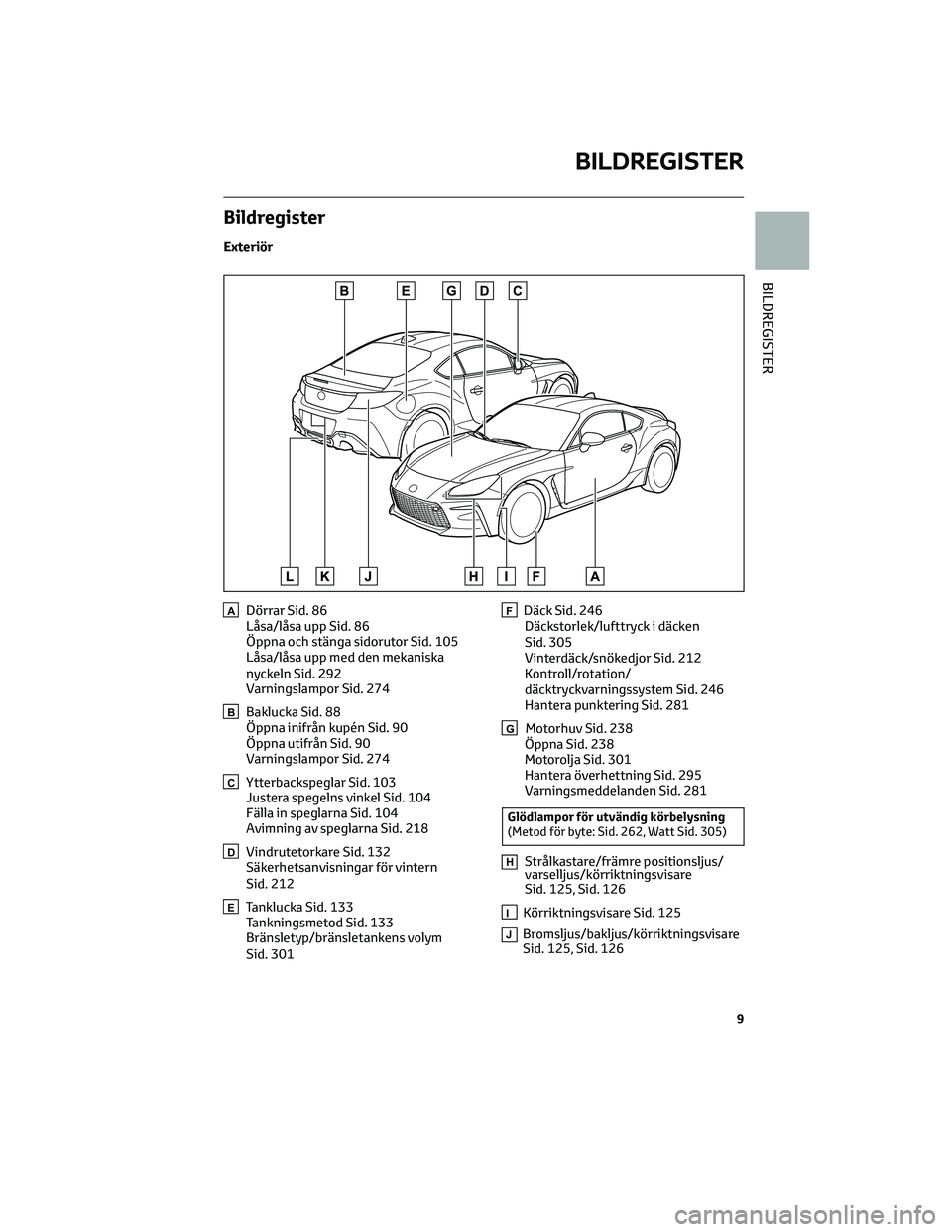 TOYOTA 86 2022  Bruksanvisningar (in Swedish) Bildregister
Exteriör
ADörrar Sid. 86
Låsa/låsa upp Sid. 86
Öppna och stänga sidorutor Sid. 105
Låsa/låsa upp med den mekaniska
nyckeln Sid. 292
Varningslampor Sid. 274
BBaklucka Sid. 88
Öppn