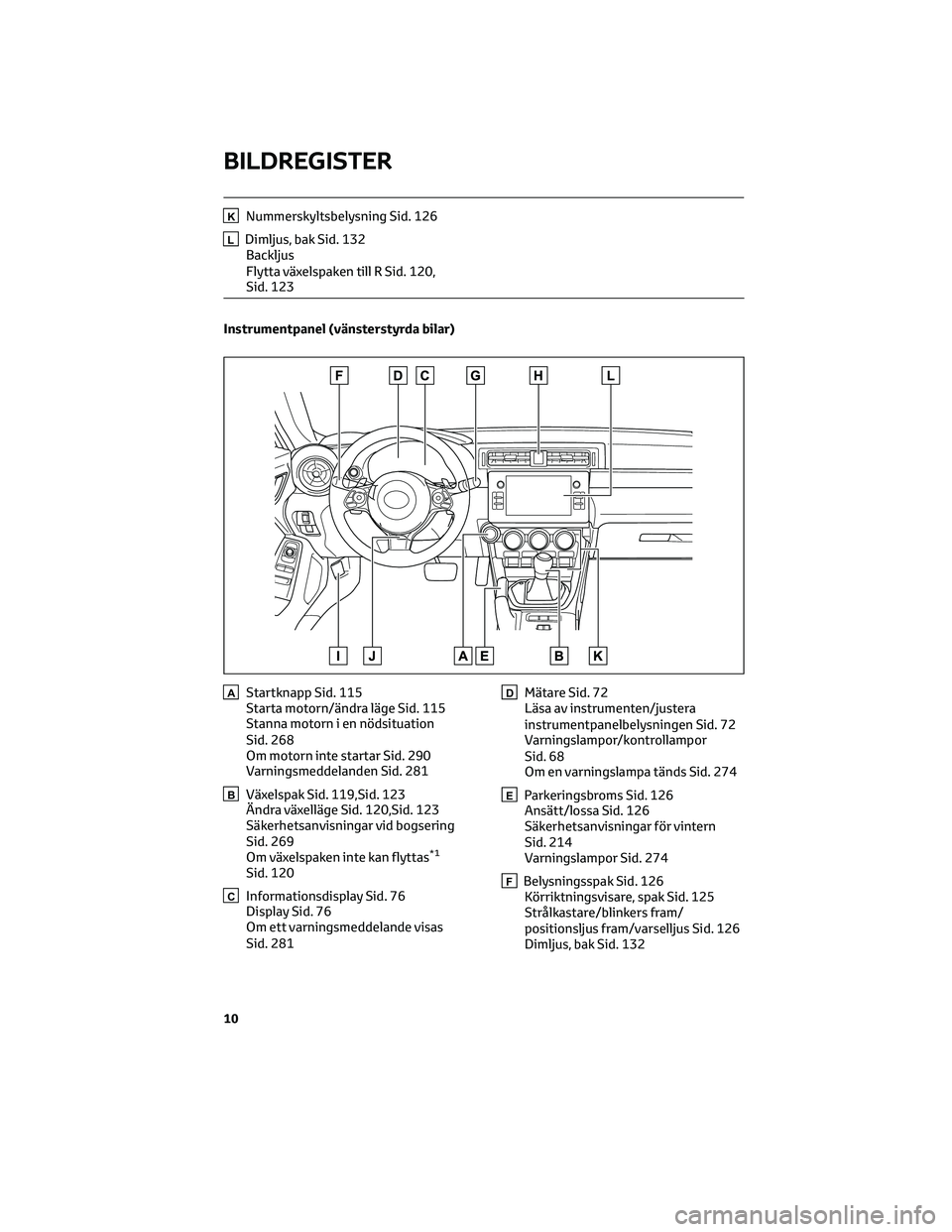TOYOTA 86 2022 Bruksanvisningar (in Swedish) KNummerskyltsbelysning Sid. 126
LDimljus, bak Sid. 132
Backljus
Flytta växelspaken till R Sid. 120,
Sid. 123
Instrumentpanel (vänsterstyrda bilar)
AStartknapp Sid. 115
Starta motorn/ändra läge Sid TOYOTA 86 2022 Bruksanvisningar (in Swedish) KNummerskyltsbelysning Sid. 126
LDimljus, bak Sid. 132
Backljus
Flytta växelspaken till R Sid. 120,
Sid. 123
Instrumentpanel (vänsterstyrda bilar)
AStartknapp Sid. 115
Starta motorn/ändra läge Sid