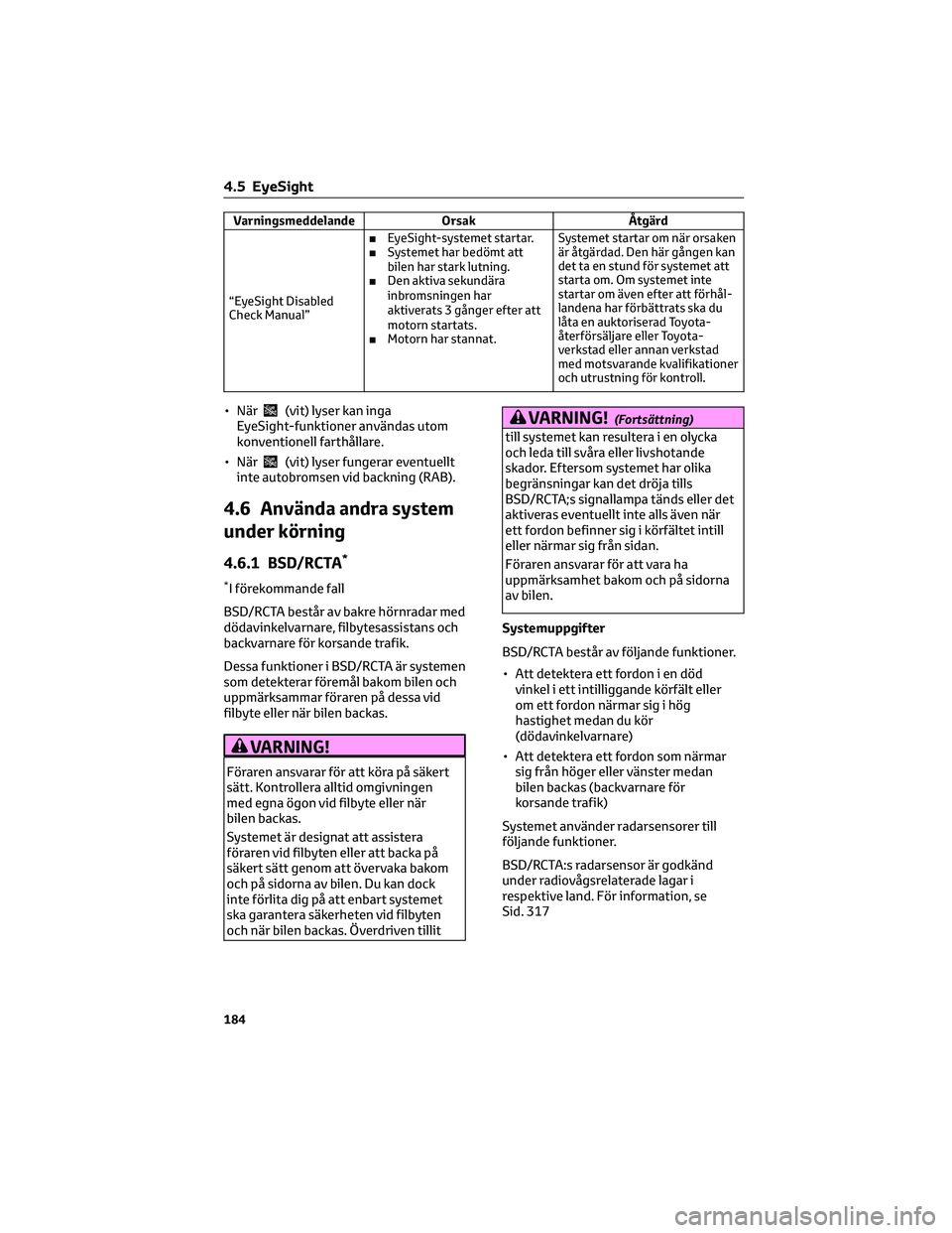 TOYOTA 86 2022 Bruksanvisningar (in Swedish) Varningsmeddelande Orsak Åtgärd
“EyeSight Disabled
Check Manual”■EyeSight-systemet startar.
■Systemet har bedömt att
bilen har stark lutning.
■Den aktiva sekundära
inbromsningen har
akti TOYOTA 86 2022 Bruksanvisningar (in Swedish) Varningsmeddelande Orsak Åtgärd
“EyeSight Disabled
Check Manual”■EyeSight-systemet startar.
■Systemet har bedömt att
bilen har stark lutning.
■Den aktiva sekundära
inbromsningen har
akti