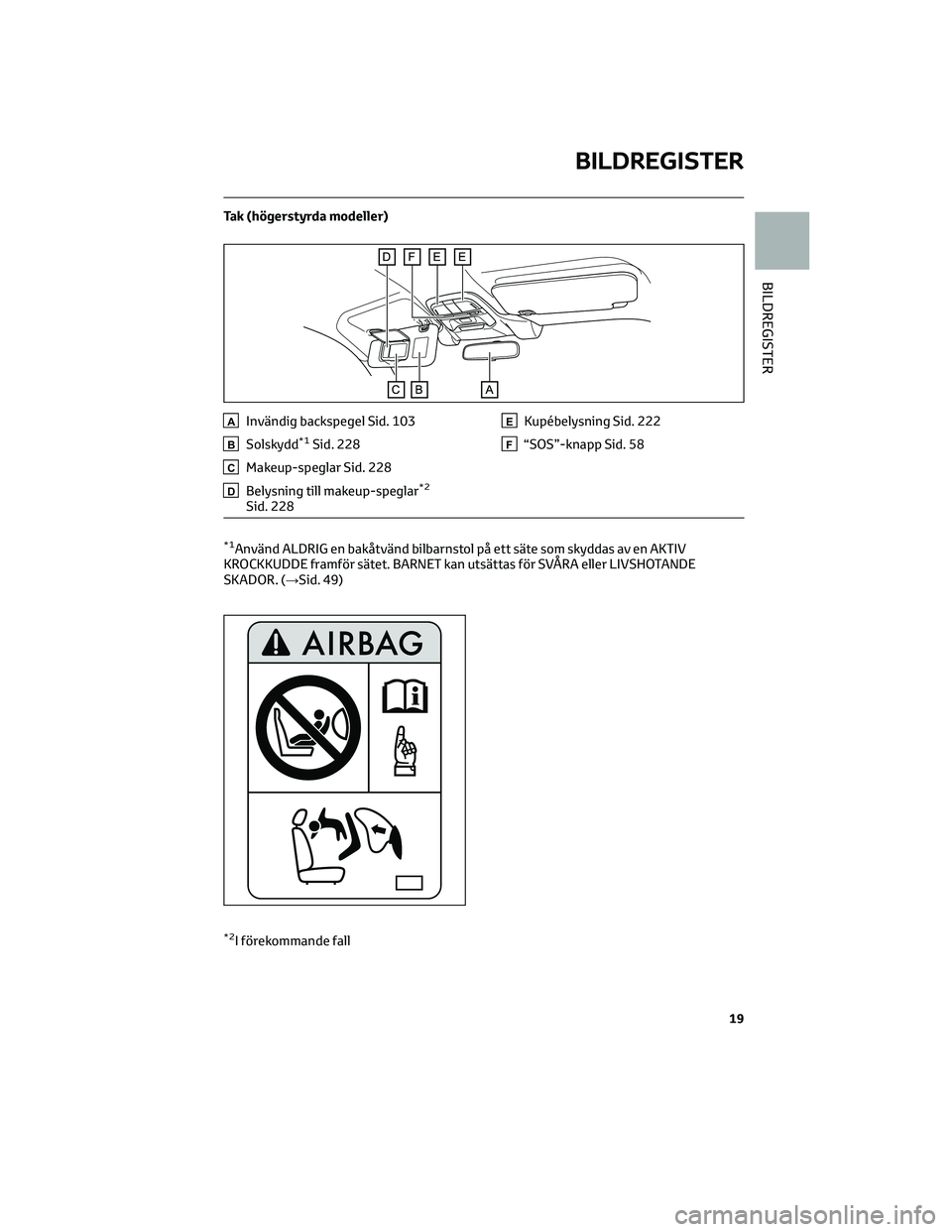 TOYOTA 86 2022 Bruksanvisningar (in Swedish) Tak (högerstyrda modeller)
AInvändig backspegel Sid. 103
BSolskydd*1Sid. 228
CMakeup-speglar Sid. 228
DBelysning till makeup-speglar*2
Sid. 228
EKupébelysning Sid. 222
F“SOS”-knapp Sid. 58
*1An TOYOTA 86 2022 Bruksanvisningar (in Swedish) Tak (högerstyrda modeller)
AInvändig backspegel Sid. 103
BSolskydd*1Sid. 228
CMakeup-speglar Sid. 228
DBelysning till makeup-speglar*2
Sid. 228
EKupébelysning Sid. 222
F“SOS”-knapp Sid. 58
*1An