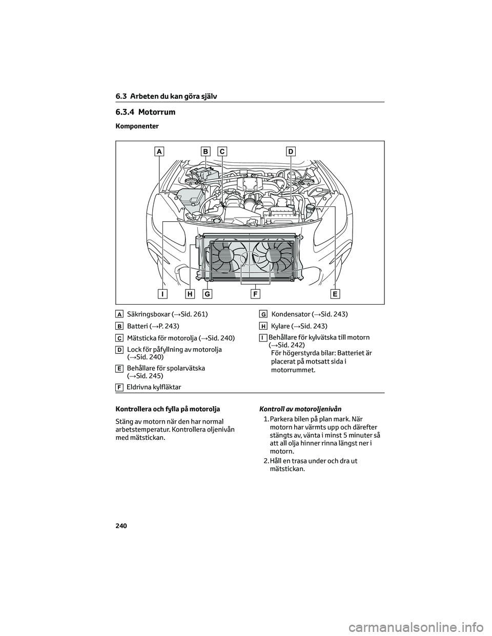 TOYOTA 86 2022 Bruksanvisningar (in Swedish) 6.3.4 Motorrum
Komponenter
ASäkringsboxar (→Sid. 261)
BBatteri (→P. 243)
CMätsticka för motorolja (→Sid. 240)
DLock för påfyllning av motorolja
(→Sid. 240)
EBehållare för spolarvätska
TOYOTA 86 2022 Bruksanvisningar (in Swedish) 6.3.4 Motorrum
Komponenter
ASäkringsboxar (→Sid. 261)
BBatteri (→P. 243)
CMätsticka för motorolja (→Sid. 240)
DLock för påfyllning av motorolja
(→Sid. 240)
EBehållare för spolarvätska