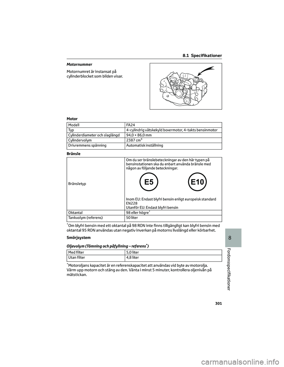 TOYOTA 86 2022 Bruksanvisningar (in Swedish) Motornummer
Motornumret är instansat på
cylinderblocket som bilden visar.
Motor
Modell FA24
Typ 4-cylindrig vätskekyld boxermotor, 4-takts bensinmotor
Cylinderdiameter och slaglängd 94,0 × 86,0 m TOYOTA 86 2022 Bruksanvisningar (in Swedish) Motornummer
Motornumret är instansat på
cylinderblocket som bilden visar.
Motor
Modell FA24
Typ 4-cylindrig vätskekyld boxermotor, 4-takts bensinmotor
Cylinderdiameter och slaglängd 94,0 × 86,0 m