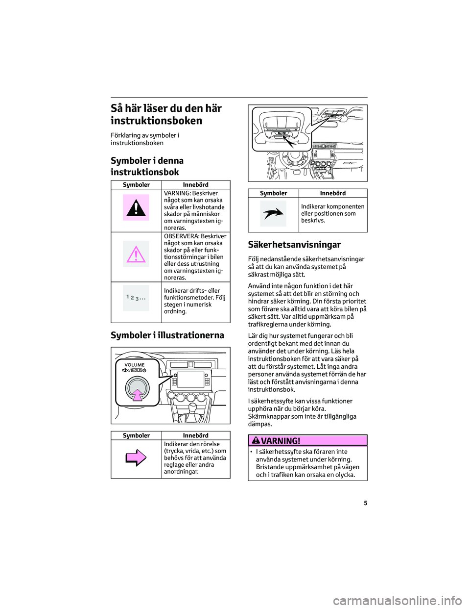 TOYOTA 86 2022 Bruksanvisningar (in Swedish) Så här läser du den här
instruktionsboken
Förklaring av symboler i
instruktionsboken
Symboler i denna
instruktionsbok
Symboler Innebörd
VARNING: Beskriver
något som kan orsaka
svåra eller livs TOYOTA 86 2022 Bruksanvisningar (in Swedish) Så här läser du den här
instruktionsboken
Förklaring av symboler i
instruktionsboken
Symboler i denna
instruktionsbok
Symboler Innebörd
VARNING: Beskriver
något som kan orsaka
svåra eller livs