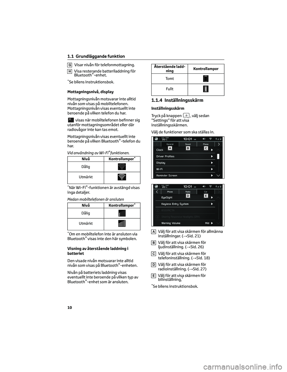 TOYOTA 86 2022 Bruksanvisningar (in Swedish) GVisar nivån för telefonmottagning.
HVisa resterande batteriladdning för
Bluetooth®-enhet.
*Se bilens instruktionsbok.
Mottagningsnivå, display
Mottagningsnivån motsvarar inte alltid
nivån som TOYOTA 86 2022 Bruksanvisningar (in Swedish) GVisar nivån för telefonmottagning.
HVisa resterande batteriladdning för
Bluetooth®-enhet.
*Se bilens instruktionsbok.
Mottagningsnivå, display
Mottagningsnivån motsvarar inte alltid
nivån som