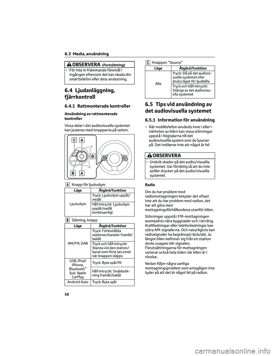 TOYOTA 86 2022 Bruksanvisningar (in Swedish) OBSERVERA(Fortsättning)
• För inte in främmande föremål i
ingången eftersom det kan skada din
smarttelefon eller dess anslutning.
6.4 Ljudanläggning,
fjärrkontroll
6.4.1 Rattmonterade kontro TOYOTA 86 2022 Bruksanvisningar (in Swedish) OBSERVERA(Fortsättning)
• För inte in främmande föremål i
ingången eftersom det kan skada din
smarttelefon eller dess anslutning.
6.4 Ljudanläggning,
fjärrkontroll
6.4.1 Rattmonterade kontro