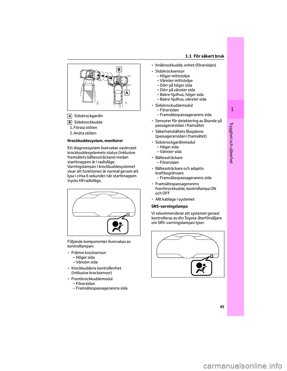 TOYOTA 86 2022 Bruksanvisningar (in Swedish) ASidokrockgardin
BSidokrockkudde
1. Första stöten
2. Andra stöten
Krockkuddesystem, monitorer
Ett diagnossystem övervakar oavbrutet
krockkuddesystemets status (inklusive
framsätets bältessträck TOYOTA 86 2022 Bruksanvisningar (in Swedish) ASidokrockgardin
BSidokrockkudde
1. Första stöten
2. Andra stöten
Krockkuddesystem, monitorer
Ett diagnossystem övervakar oavbrutet
krockkuddesystemets status (inklusive
framsätets bältessträck