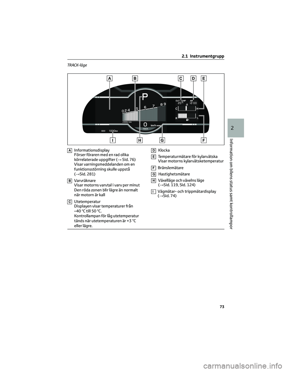 TOYOTA 86 2022 Bruksanvisningar (in Swedish) TRACK-läge
AInformationsdisplay
Förser föraren med en rad olika
körrelaterade uppgifter (→Sid. 76)
Visar varningsmeddelanden om en
funktionsstörning skulle uppstå
(→Sid. 281)
BVarvräknare
V TOYOTA 86 2022 Bruksanvisningar (in Swedish) TRACK-läge
AInformationsdisplay
Förser föraren med en rad olika
körrelaterade uppgifter (→Sid. 76)
Visar varningsmeddelanden om en
funktionsstörning skulle uppstå
(→Sid. 281)
BVarvräknare
V