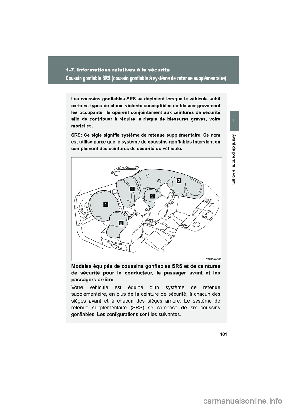 TOYOTA 86 2018 Manuel du propriétaire (in French) 101
1
1-7. Informations relatives à la sécurité
Avant de prendre le volant
86_D (OM18086D)
Coussin gonflable SRS (coussin gonflable à système de retenue supplémentaire)
Les coussins gonflables S TOYOTA 86 2018 Manuel du propriétaire (in French) 101
1
1-7. Informations relatives à la sécurité
Avant de prendre le volant
86_D (OM18086D)
Coussin gonflable SRS (coussin gonflable à système de retenue supplémentaire)
Les coussins gonflables S