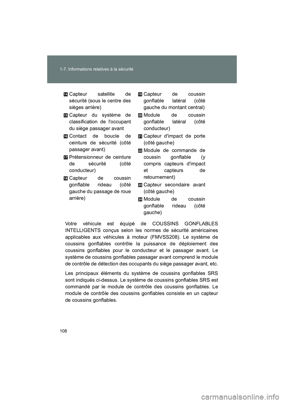 TOYOTA 86 2018 Manuel du propriétaire (in French) 108 1-7. Informations relatives à la sécurité
86_D (OM18086D)Votre véhicule est équipé de COUSSINS GONFLABLES
INTELLIGENTS conçus selon les normes de sécurité américaines
applicables aux vé TOYOTA 86 2018 Manuel du propriétaire (in French) 108 1-7. Informations relatives à la sécurité
86_D (OM18086D)Votre véhicule est équipé de COUSSINS GONFLABLES
INTELLIGENTS conçus selon les normes de sécurité américaines
applicables aux vé