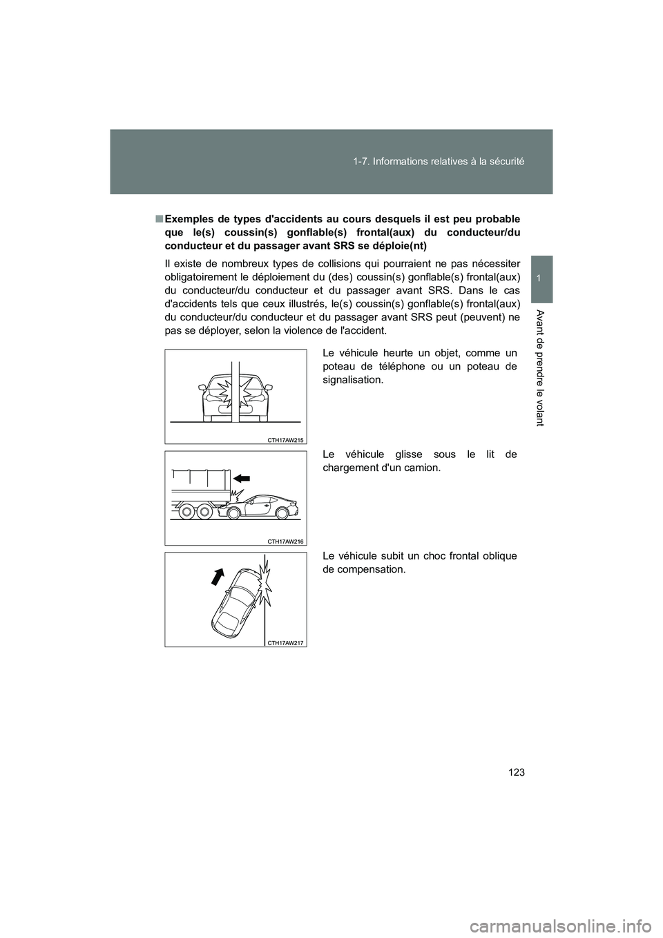 TOYOTA 86 2018 Manuel du propriétaire (in French) 123
1-7. Informations relatives à la sécurité
1
Avant de prendre le volant
86_D (OM18086D)
■
Exemples de types daccidents au c ours desquels il est peu probable
que le(s) coussin(s) gonflable(s) TOYOTA 86 2018 Manuel du propriétaire (in French) 123
1-7. Informations relatives à la sécurité
1
Avant de prendre le volant
86_D (OM18086D)
■
Exemples de types daccidents au c ours desquels il est peu probable
que le(s) coussin(s) gonflable(s)