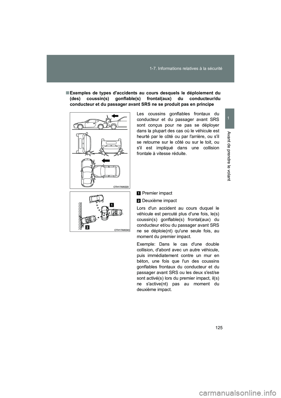 TOYOTA 86 2018 Manuel du propriétaire (in French) 125
1-7. Informations relatives à la sécurité
1
Avant de prendre le volant
86_D (OM18086D)
■
Exemples de types daccidents au cours desquels le déploiement du
(des) coussin(s) gonflable(s) front TOYOTA 86 2018 Manuel du propriétaire (in French) 125
1-7. Informations relatives à la sécurité
1
Avant de prendre le volant
86_D (OM18086D)
■
Exemples de types daccidents au cours desquels le déploiement du
(des) coussin(s) gonflable(s) front