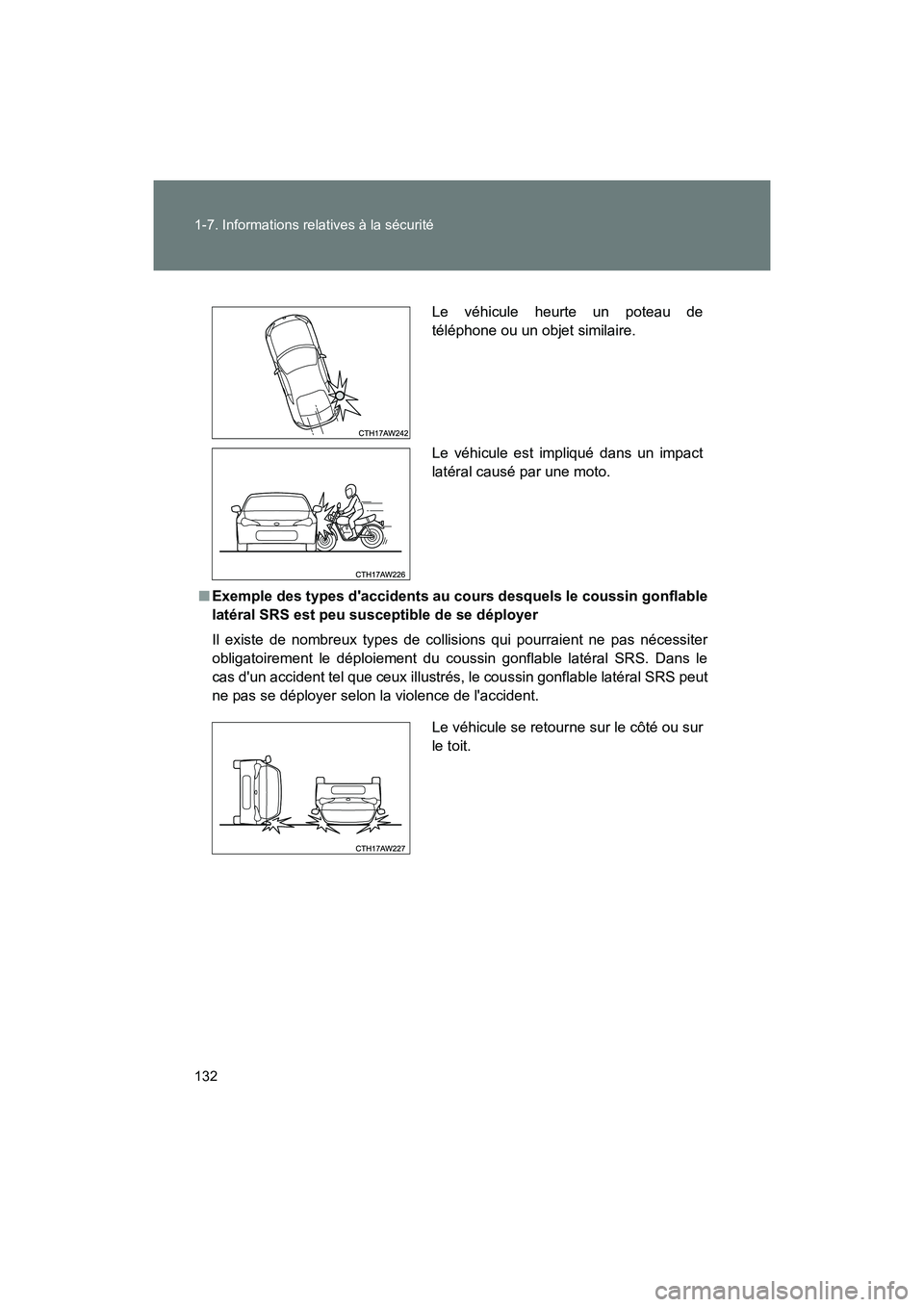 TOYOTA 86 2018  Manuel du propriétaire (in French) 132 1-7. Informations relatives à la sécurité
86_D (OM18086D)
■Exemple des types daccidents au cour s desquels le coussin gonflable
latéral SRS est peu susceptible de se déployer
Il existe de 