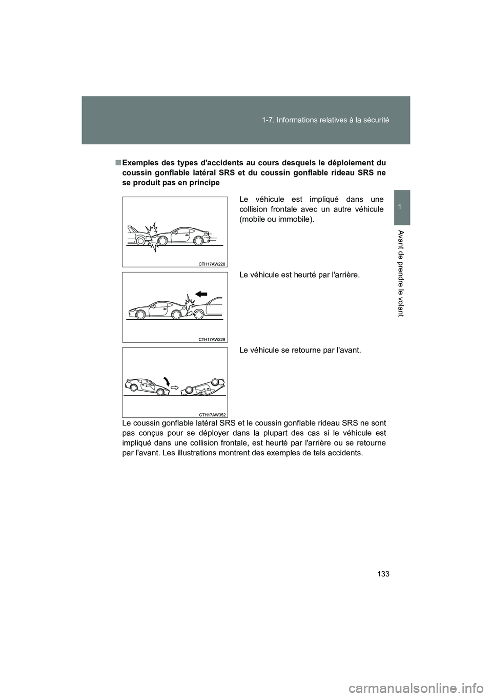 TOYOTA 86 2018  Manuel du propriétaire (in French) 133
1-7. Informations relatives à la sécurité
1
Avant de prendre le volant
86_D (OM18086D)
■
Exemples des types daccidents au co urs desquels le déploiement du
coussin gonflable latéral SRS et