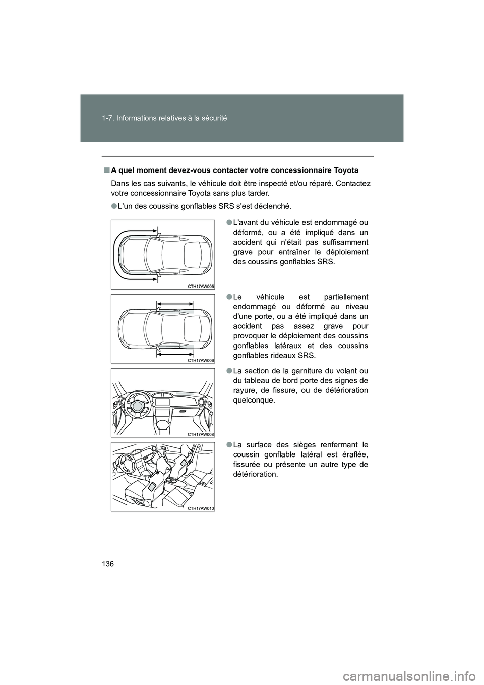 TOYOTA 86 2018  Manuel du propriétaire (in French) 136 1-7. Informations relatives à la sécurité
86_D (OM18086D)
■A quel moment devez-vous contacter votre concessionnaire Toyota
Dans les cas suivants, le véhicule doit être inspecté et/ou répa