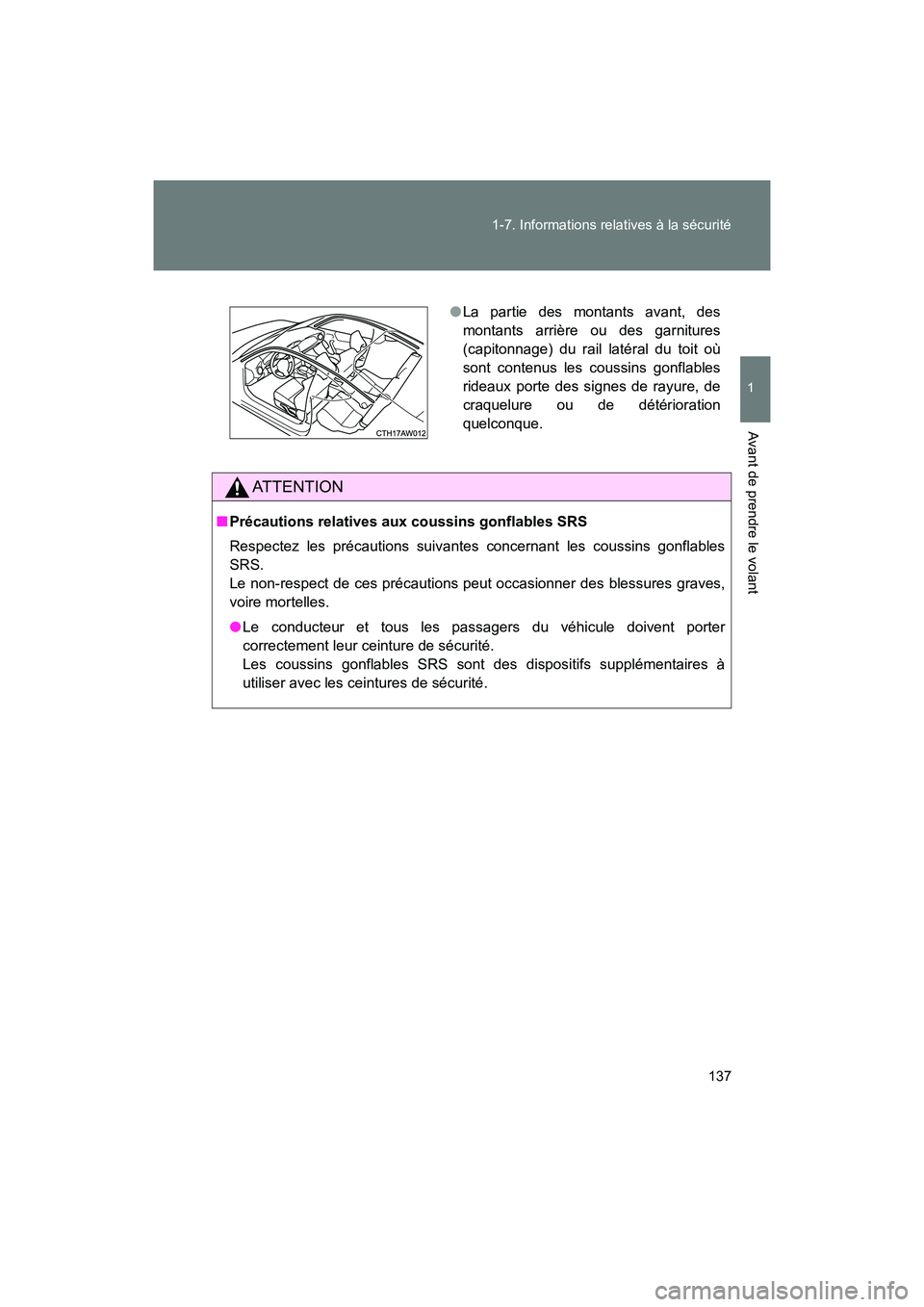 TOYOTA 86 2018  Manuel du propriétaire (in French) 137
1-7. Informations relatives à la sécurité
1
Avant de prendre le volant
86_D (OM18086D)
AT T E N T I O N
■
Précautions relatives aux coussins gonflables SRS
Respectez les précautions suivant