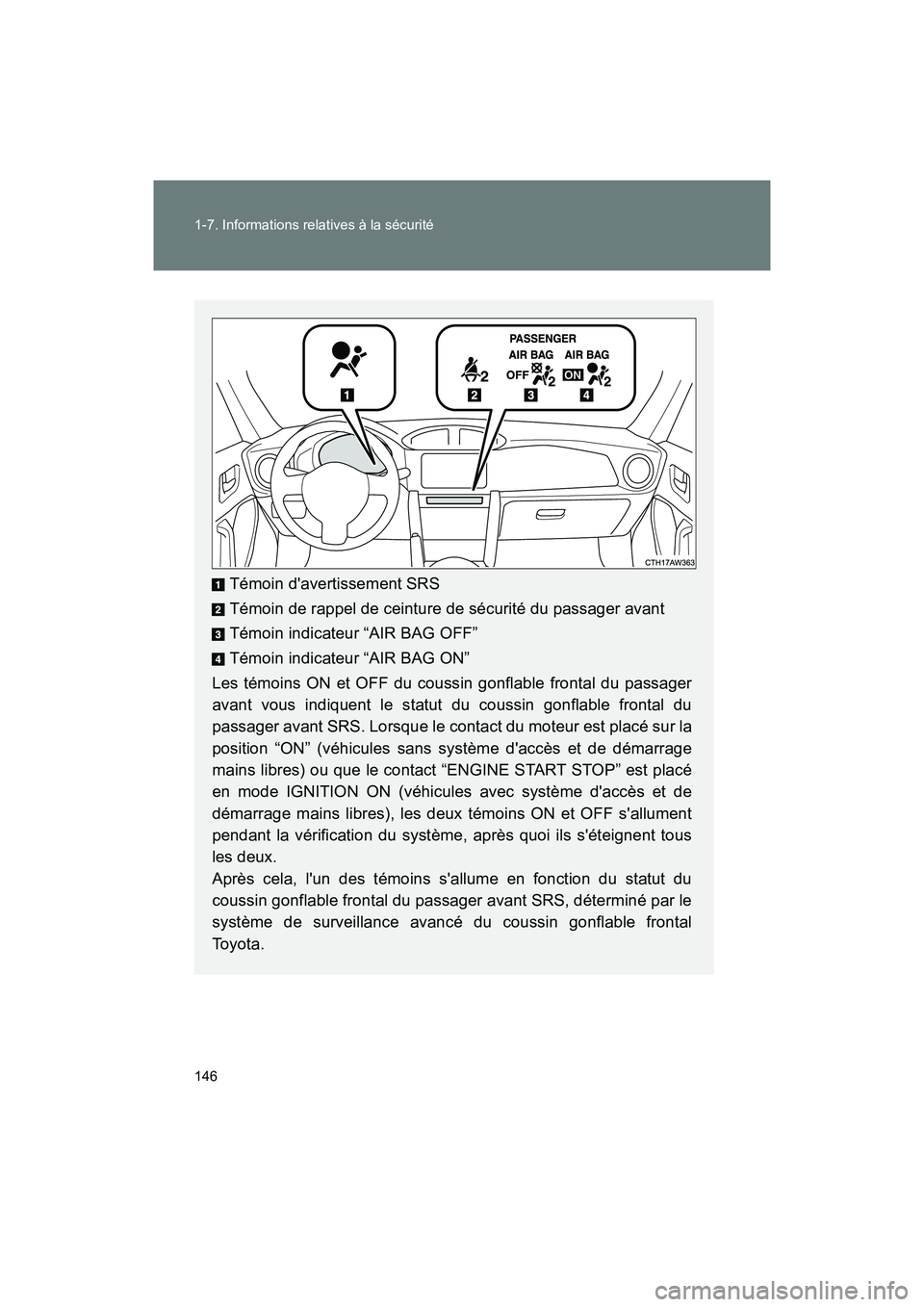 TOYOTA 86 2018 Manuel du propriétaire (in French) 146 1-7. Informations relatives à la sécurité
86_D (OM18086D)
Témoin davertissement SRS
Témoin de rappel de ceinture de sécurité du passager avant
Témoin indicateur “AIR BAG OFF”
Témoin TOYOTA 86 2018 Manuel du propriétaire (in French) 146 1-7. Informations relatives à la sécurité
86_D (OM18086D)
Témoin davertissement SRS
Témoin de rappel de ceinture de sécurité du passager avant
Témoin indicateur “AIR BAG OFF”
Témoin