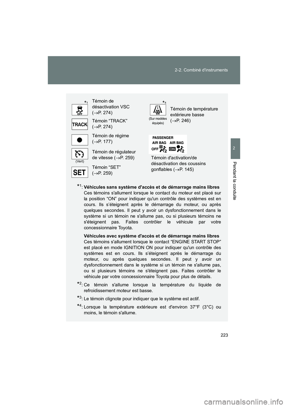 TOYOTA 86 2018  Manuel du propriétaire (in French) 223
2-2. Combiné dinstruments
2
Pendant la conduite
86_D (OM18086D)
*1:
Véhicules sans système daccès et de démarrage mains libres
Ces témoins sallument lorsque le contact du moteur est plac